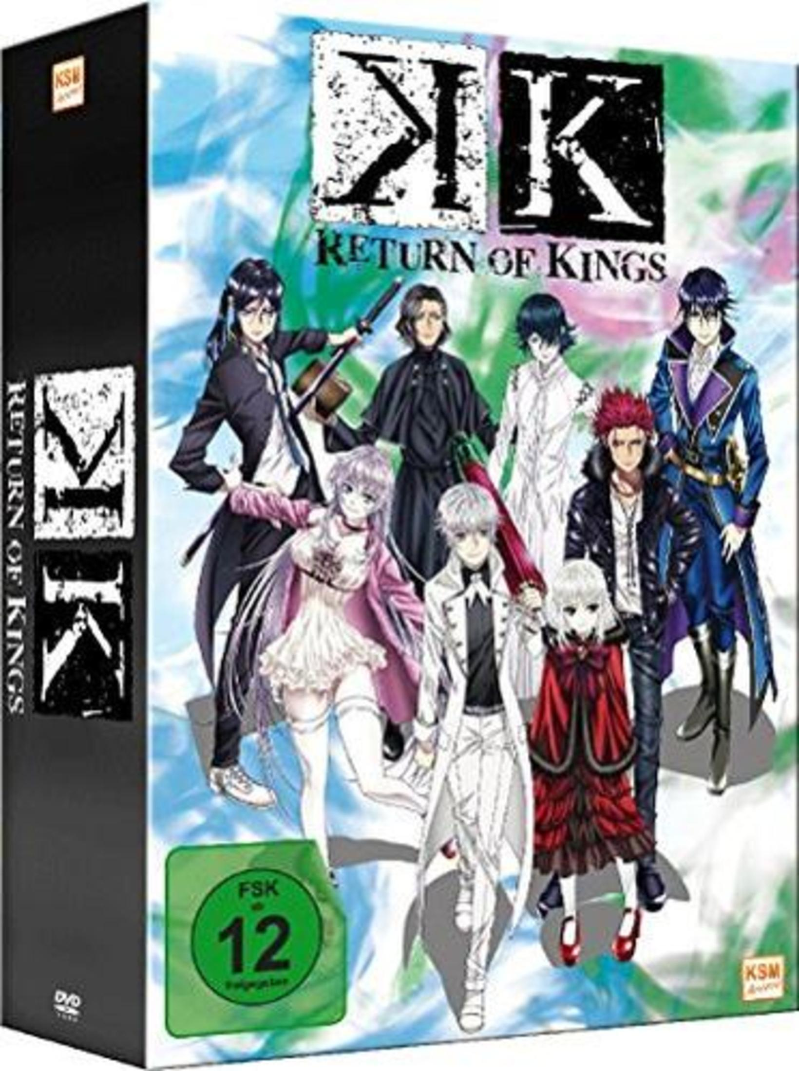 Personnages d'anime en pose de groupe. Logo "K Return of Kings" et classification FSK 12.
