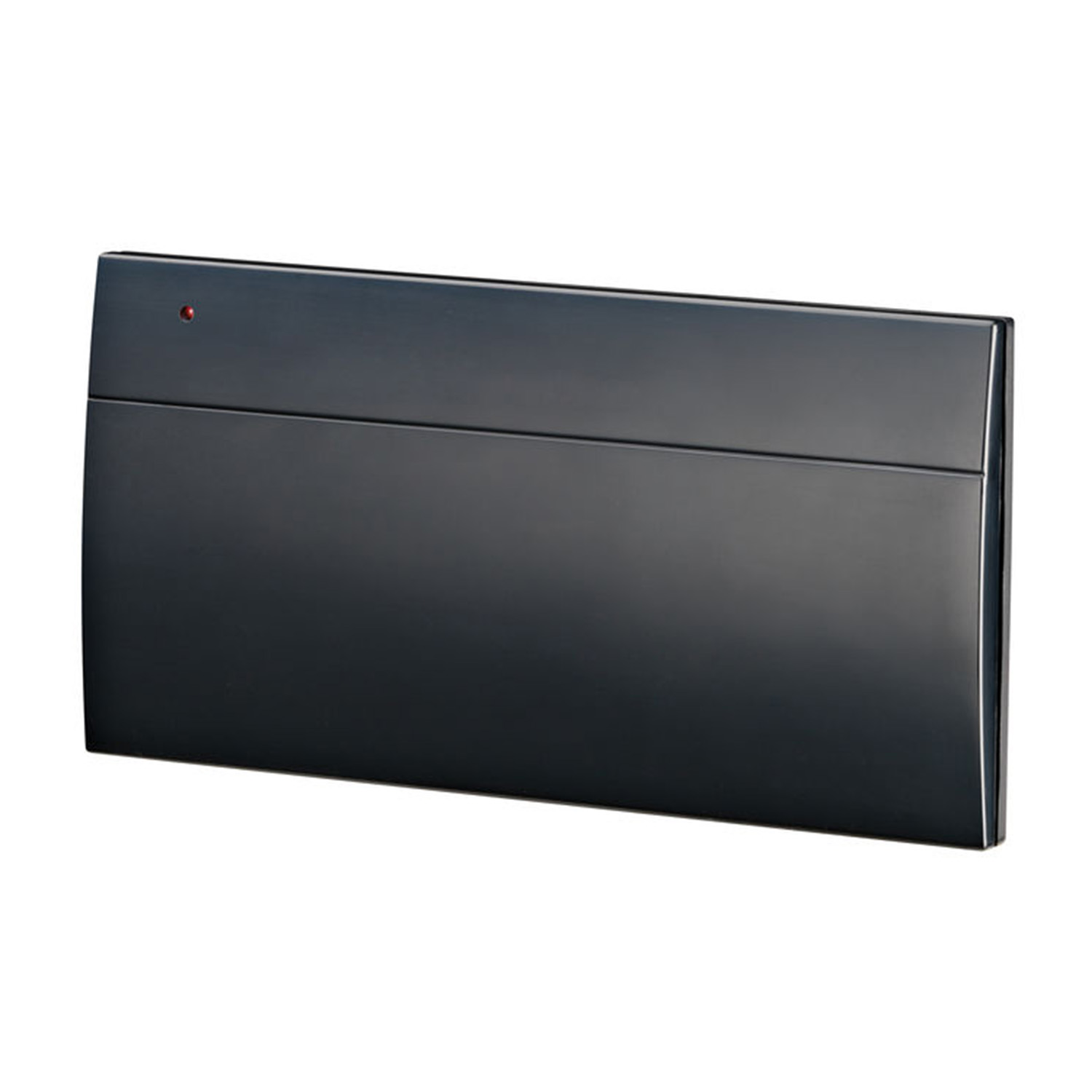 Un dispositivo rectangular oscuro con una luz LED roja arriba a la izquierda.
