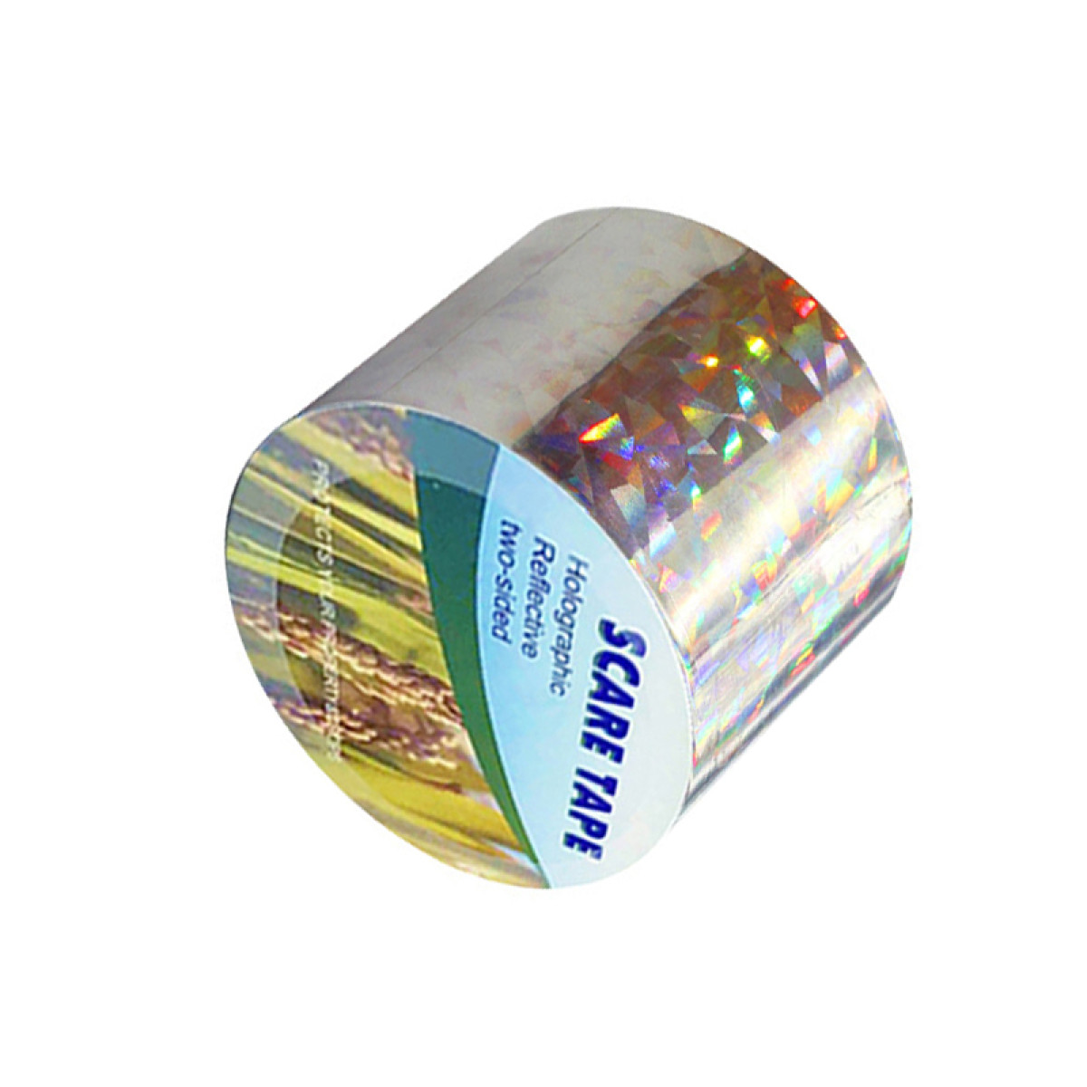 Rolka holograficznej, odblaskowej, dwustronnej taśmy odstraszającej z kolorowymi wzorami geometrycznymi.