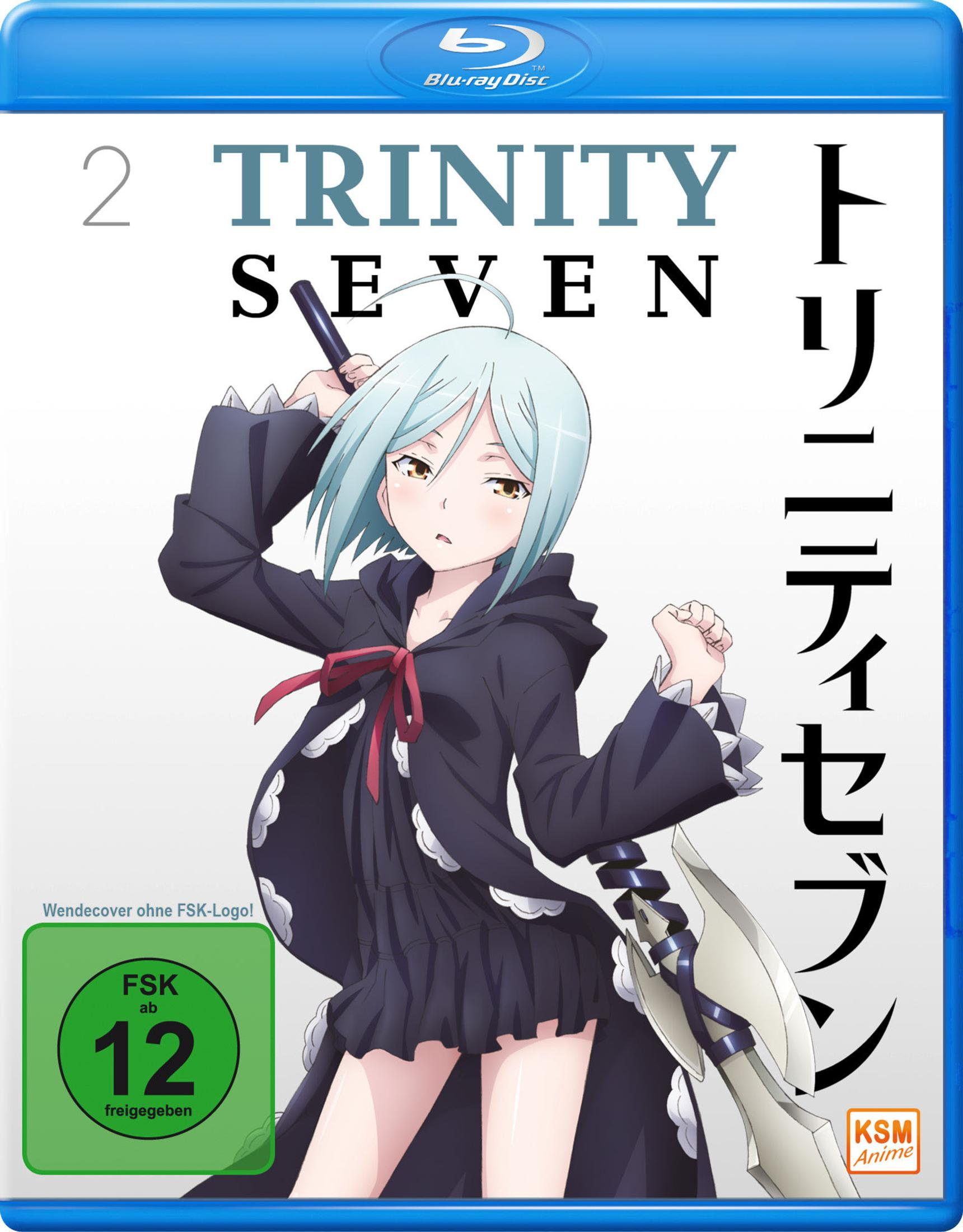Personnage d'anime aux cheveux bleu clair, tenue sombre et une arme. Le texte dit 'Trinity Seven'.