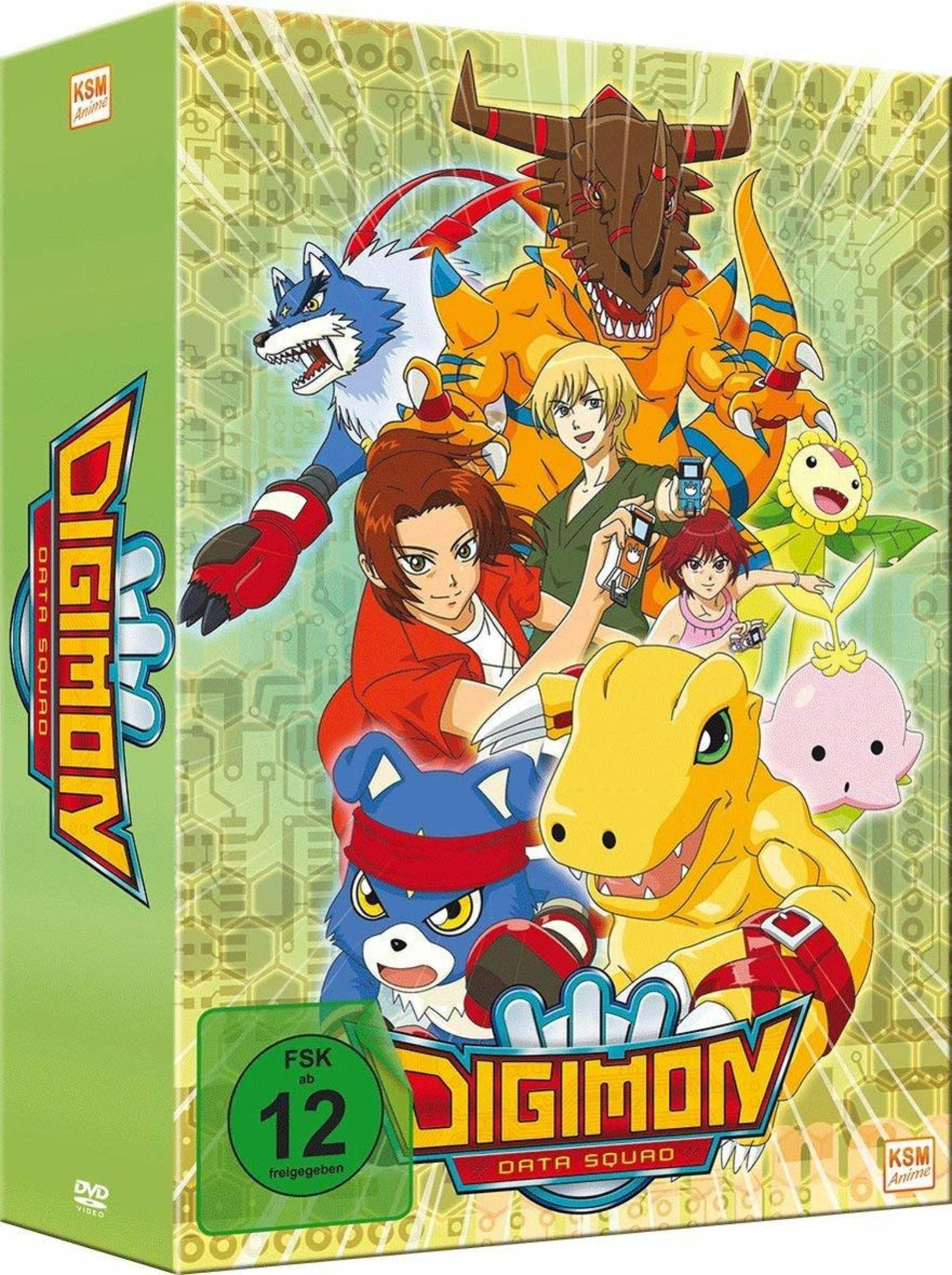 Boîtier DVD Digimon Data Squad avec des personnages comme Agumon et Gabumon. Classification FSK 12.