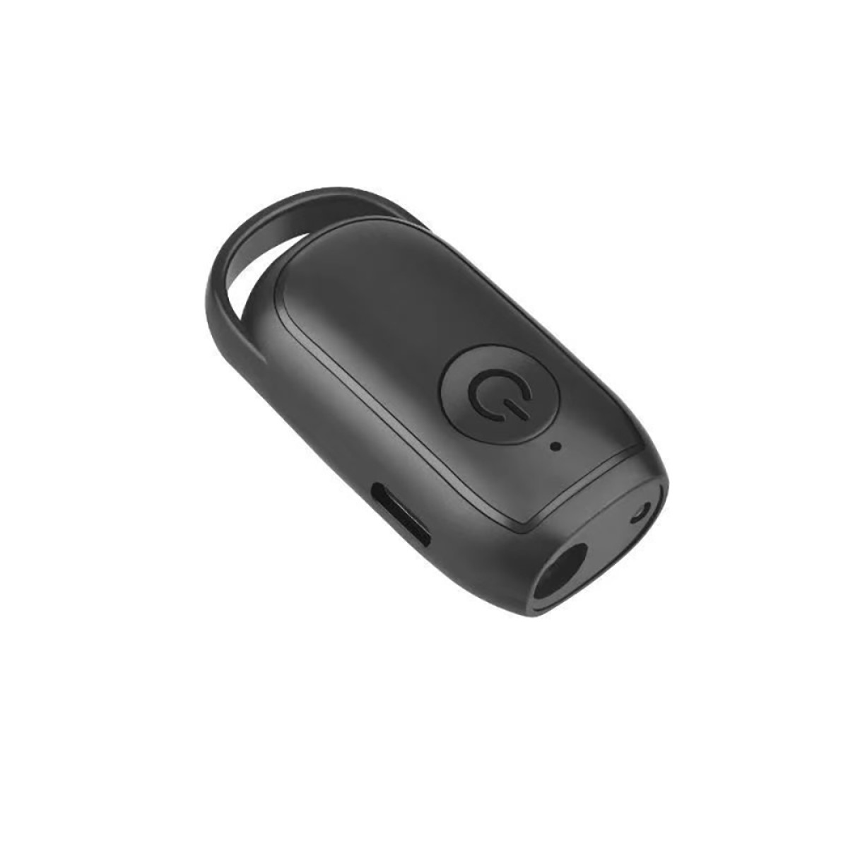 Małe czarne urządzenie Bluetooth z przyciskiem zasilania i portem USB.