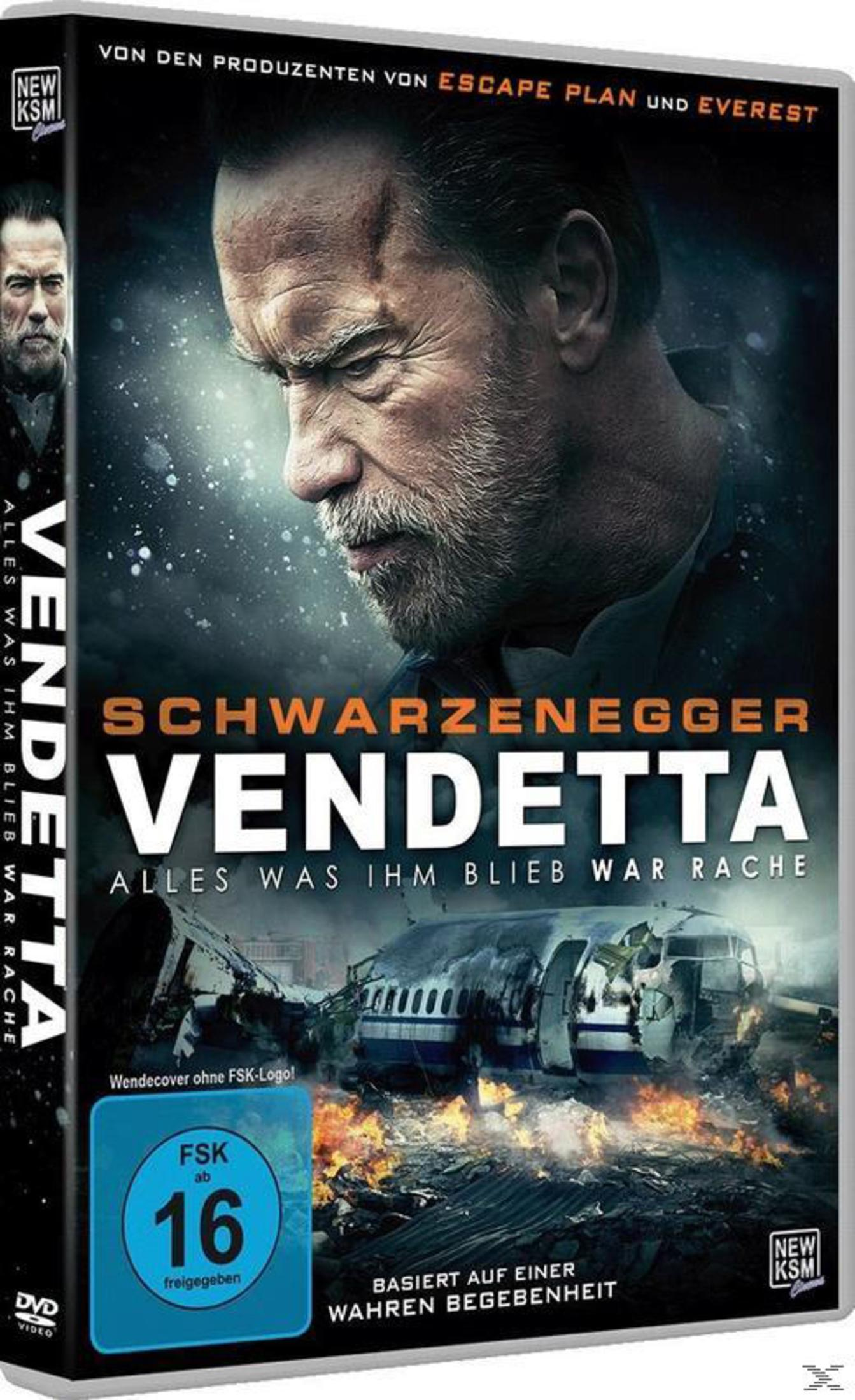Copertina film Vendetta con Schwarzenegger. Aereo schiantato in fiamme. Valutazione FSK 16.