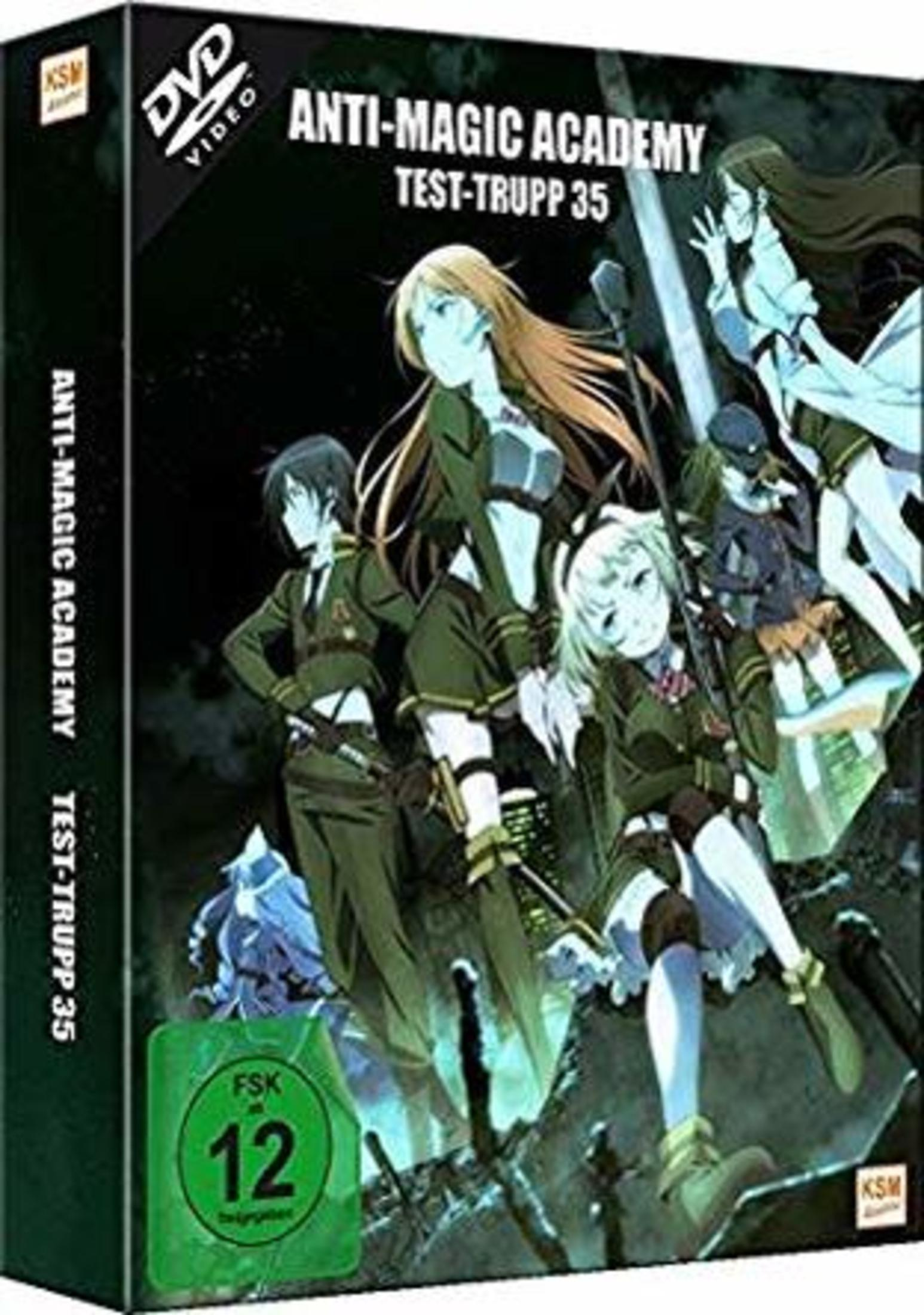 Copertina DVD di Anti-Magic Academy: Test-Troop 35, con personaggi anime in uniformi militari.