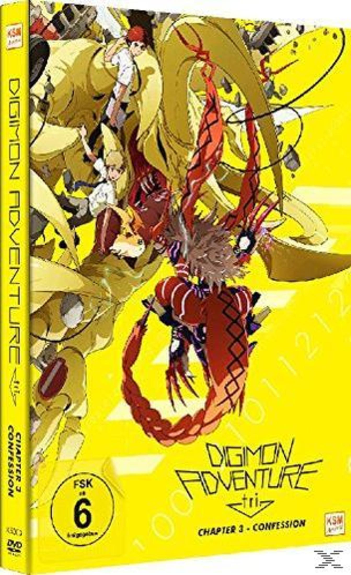 DVD Digimon Adventure: Tri - Capitolo 3, con personaggi e un mostro su sfondo giallo.