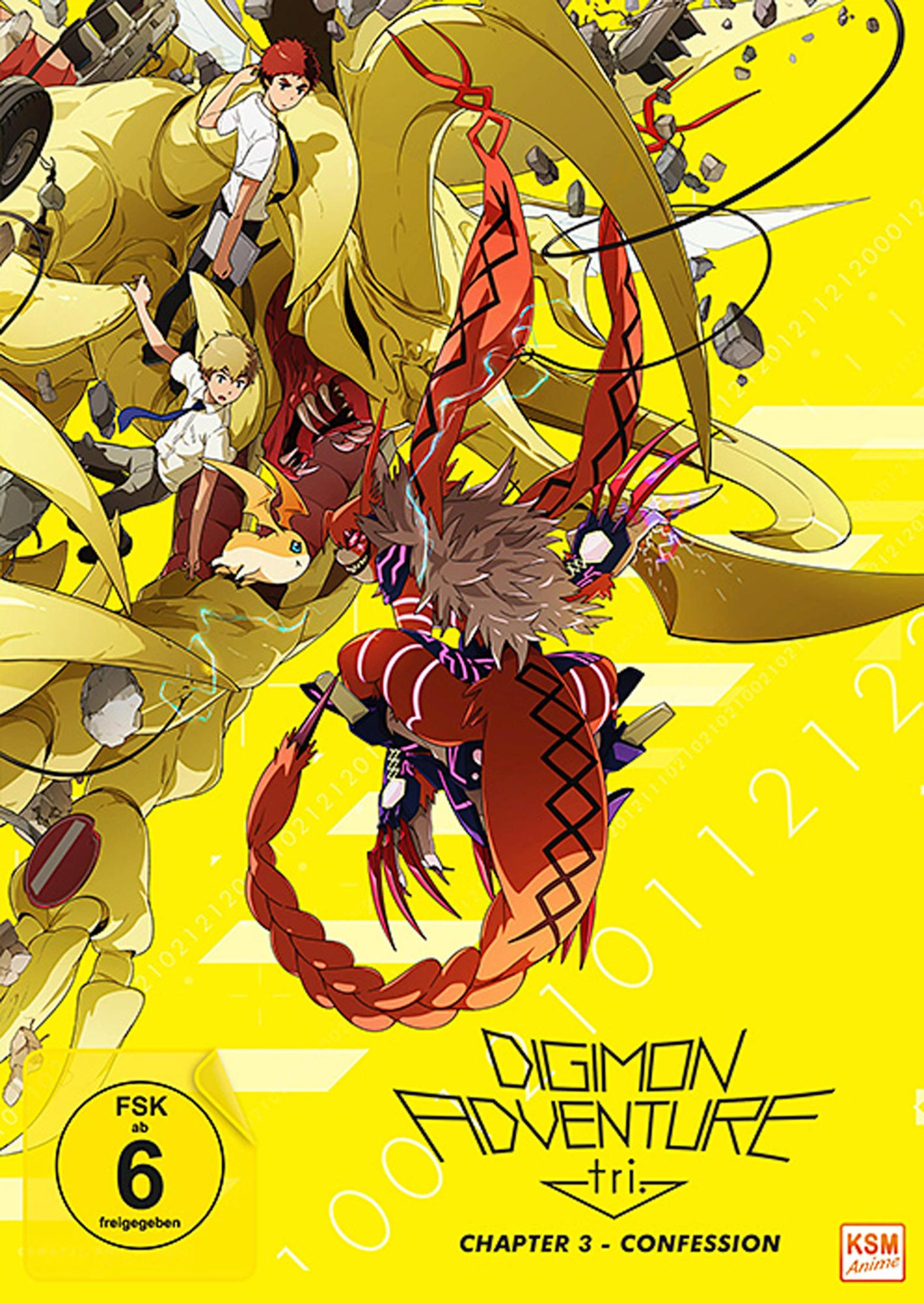 Poster anime con Digimon e bambini su sfondo giallo.