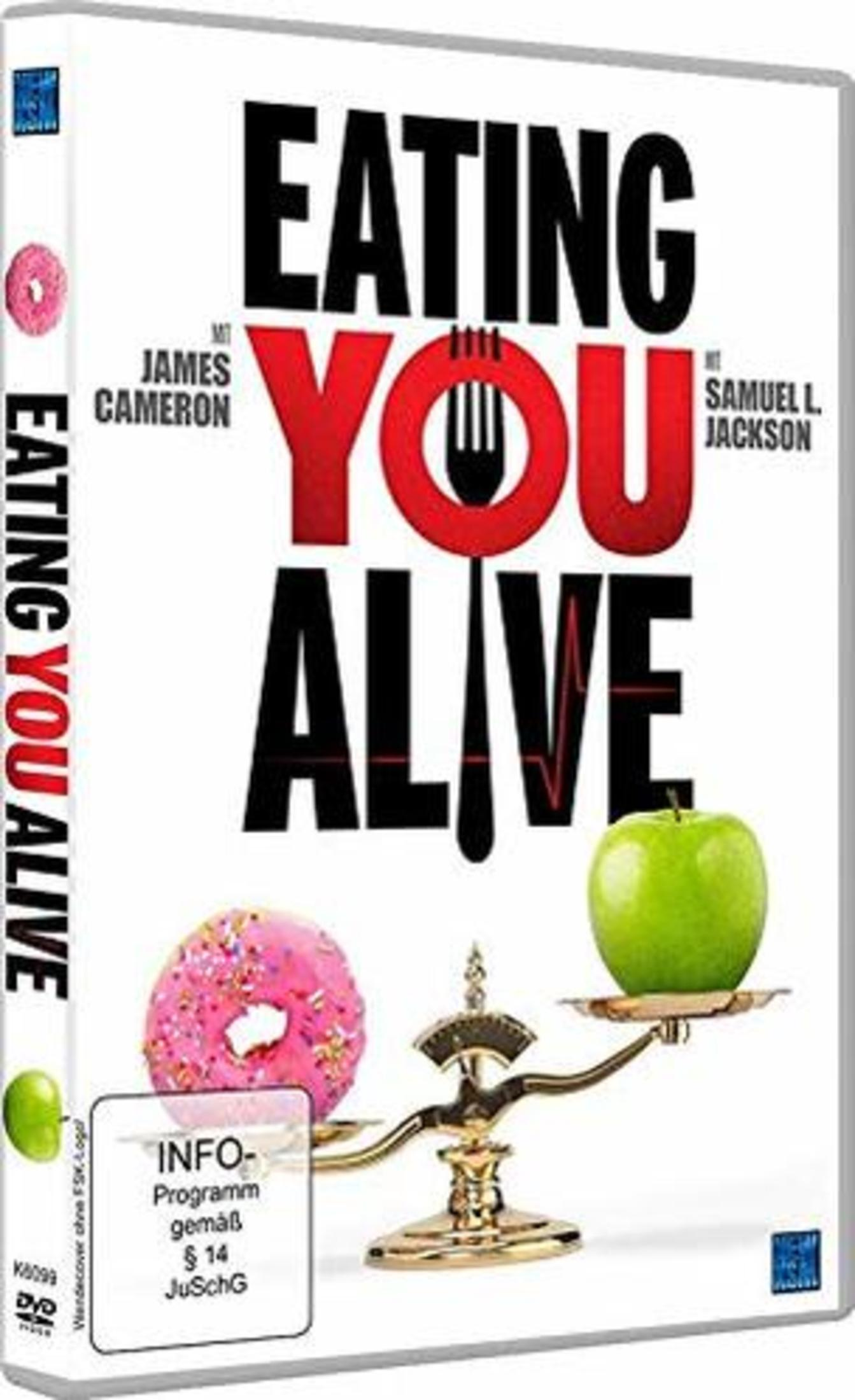 Copertina DVD: 'EATING YOU ALIVE' con James Cameron, Samuel L. Jackson. Bilancia ciambella vs mela.