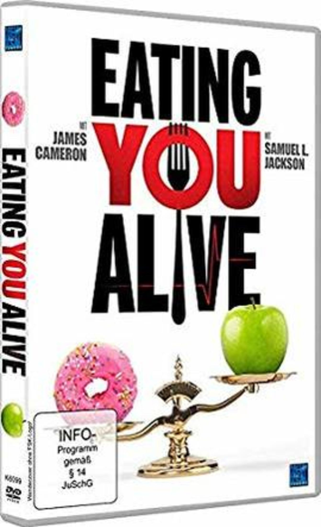 Copertina DVD: Titolo "Eating You Alive", James Cameron, Samuel L. Jackson, ciambella, mela su bilancia.
