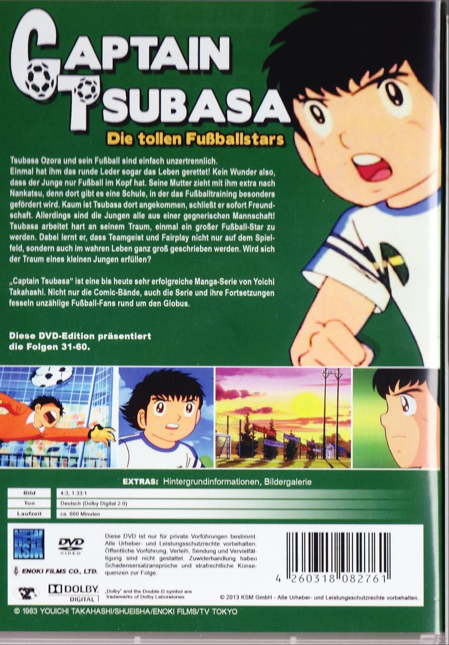 Copertina DVD di Captain Tsubasa con personaggi anime e testo.