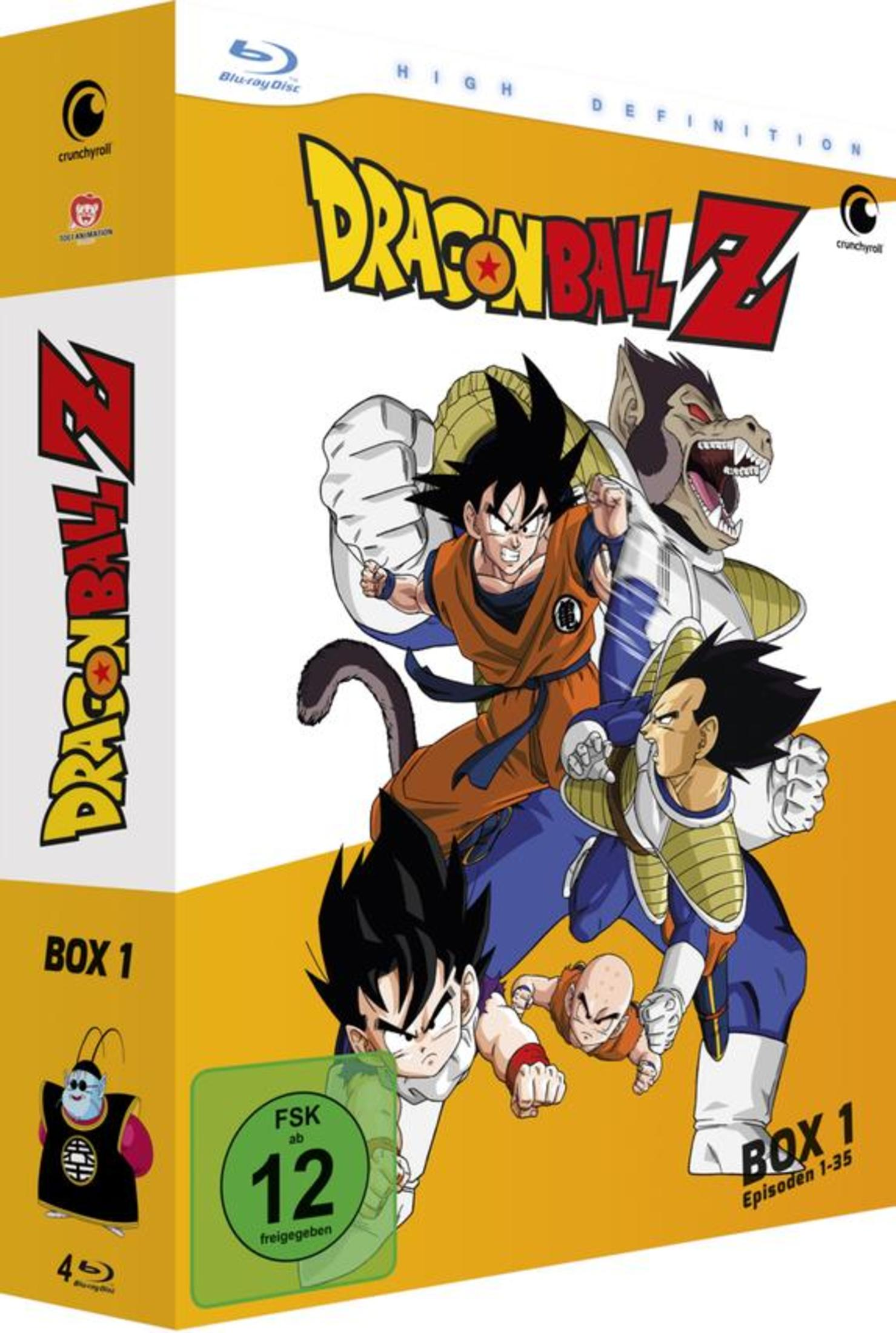 Copertina Blu-ray Dragon Ball Z Box 1 con Goku, Vegeta, Krillin e Oozaru.