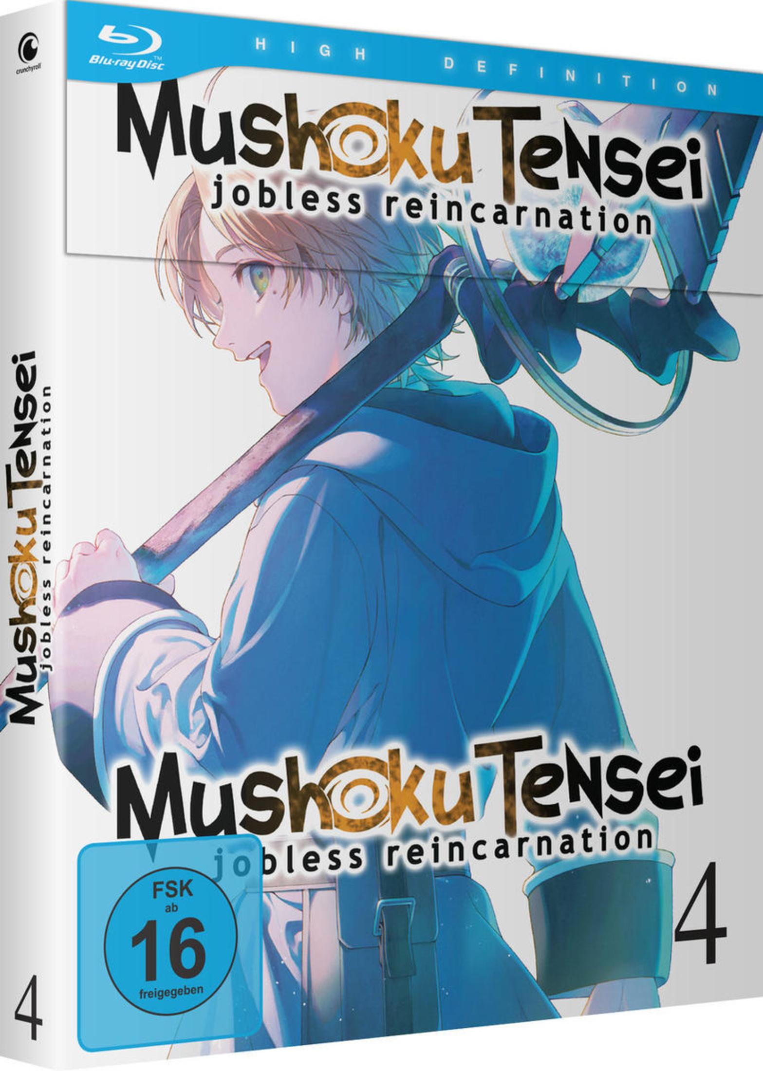 Copertina Blu-ray anime con un giovane che tiene un bastone. Titolo: Mushoku Tensei.