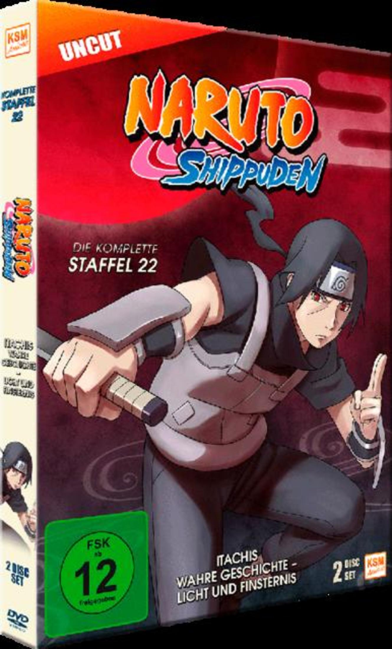 Copertina DVD di Naruto Shippuden, stagione 22, con Itachi Uchiha che tiene una spada.