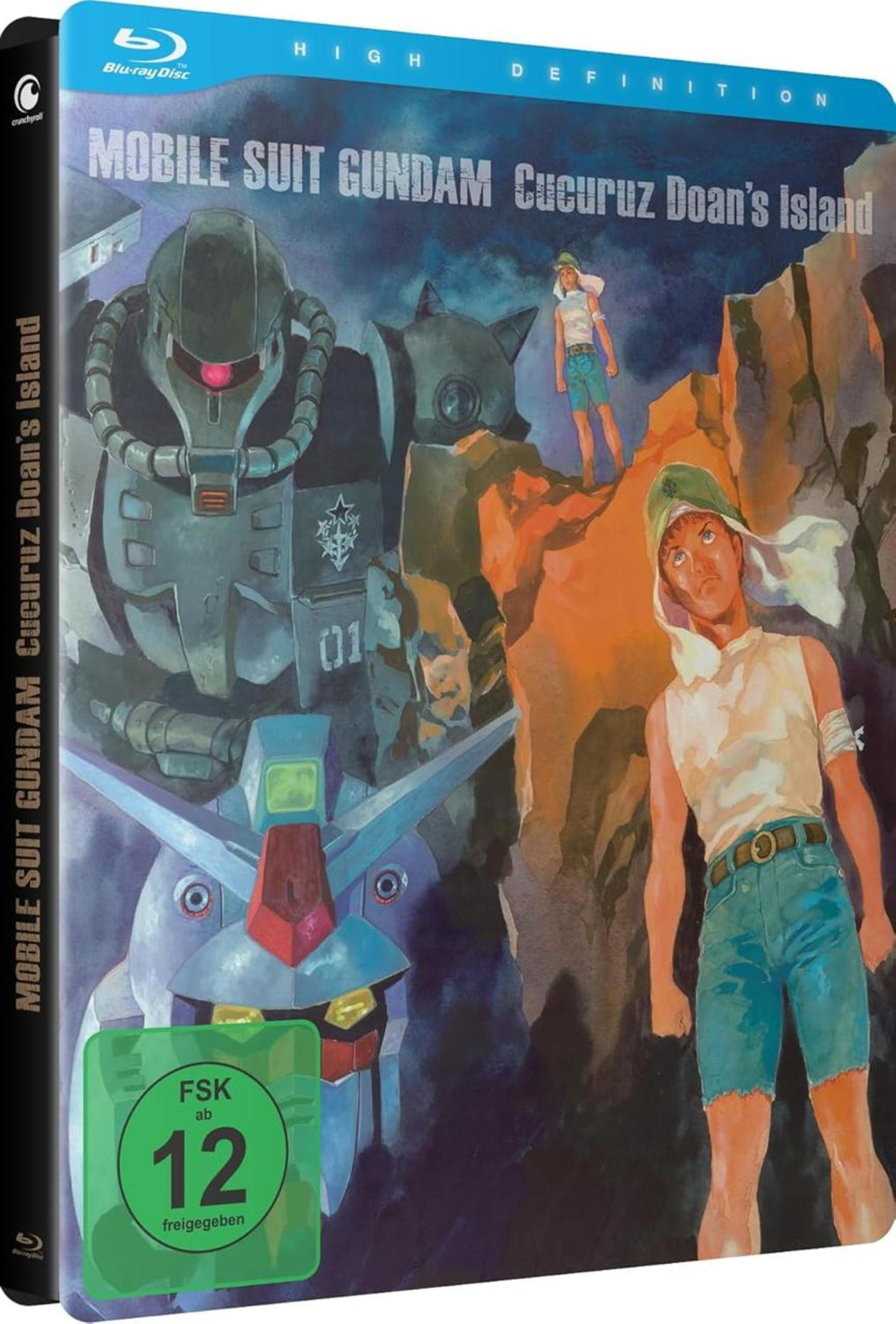 Copertina Blu-ray Mobile Suit Gundam: L'isola di Cucuruz Doan con un ragazzo e un mech.