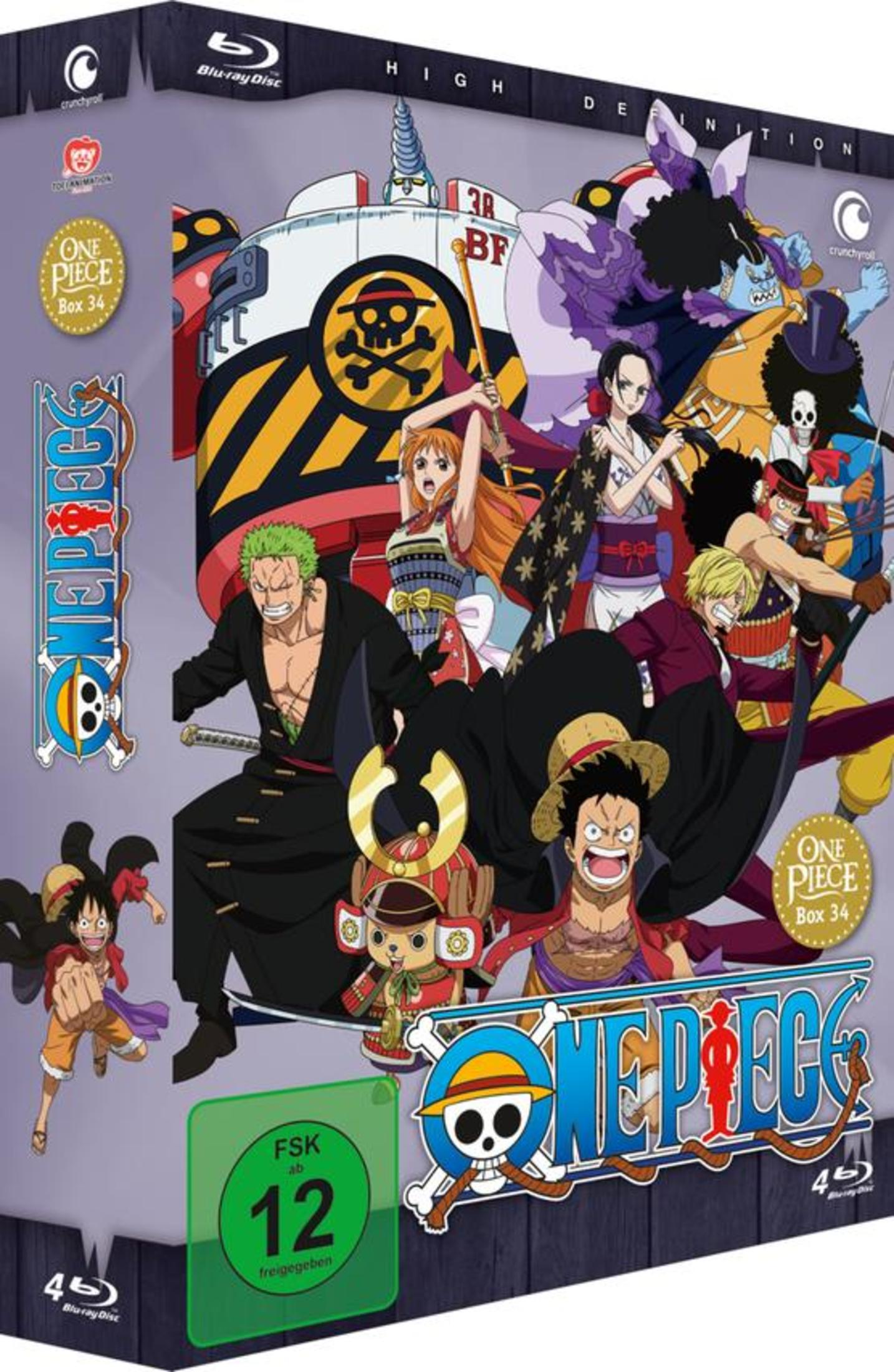 Copertina Blu-ray One Piece Box 34 con personaggi come Luffy, Zoro, Nami, Sanji e Chopper.