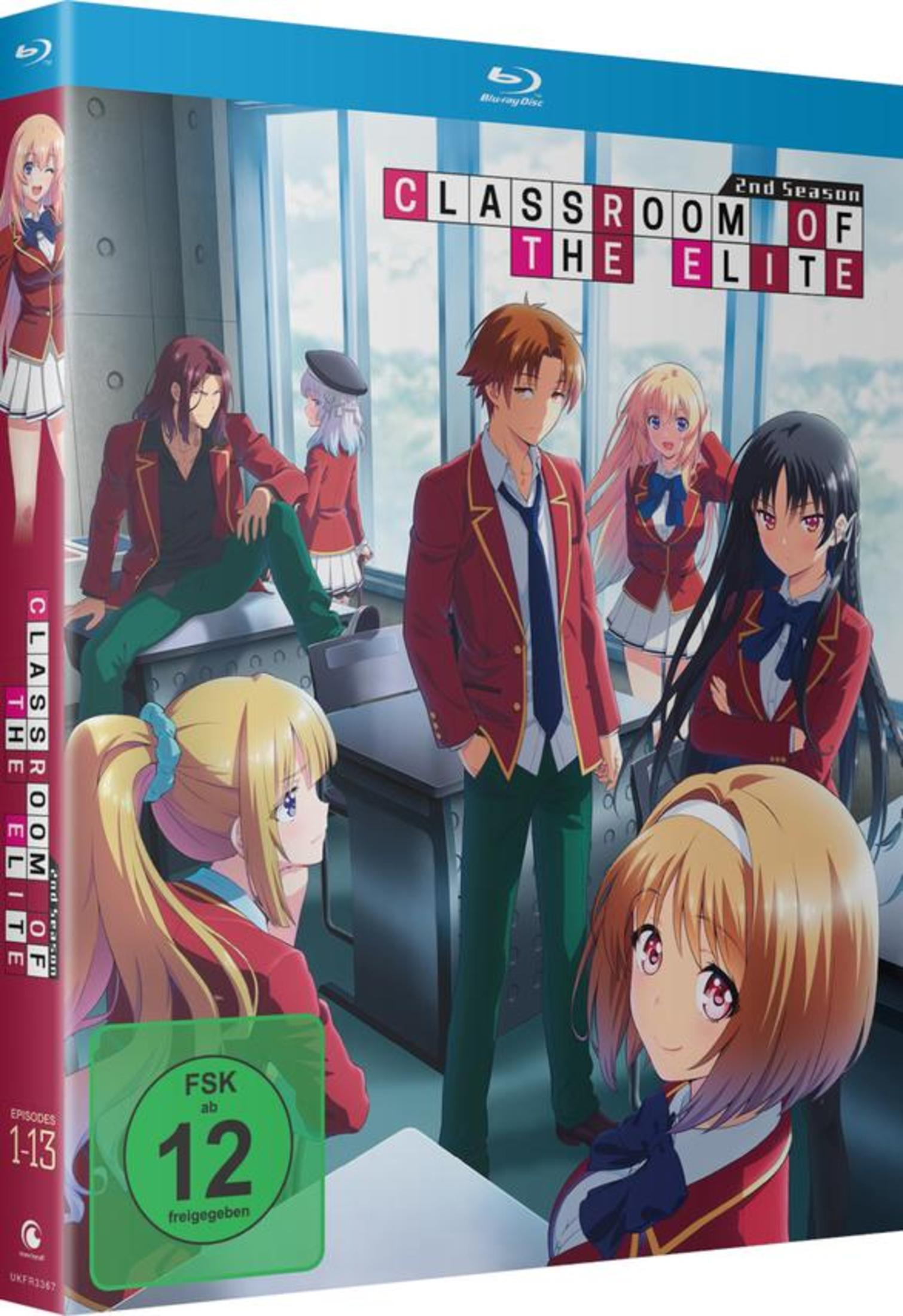 Personaggi anime in uniformi scolastiche su una copertina Blu-ray di "Classroom of the Elite" Stagione 2.
