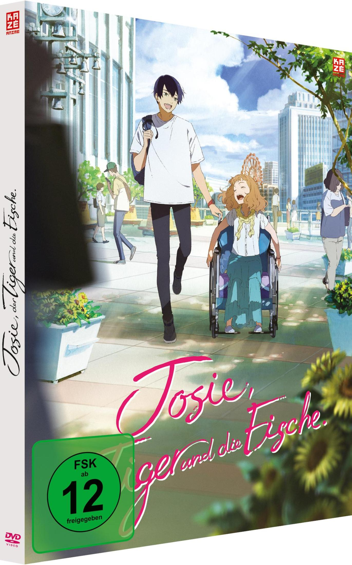 Copertina DVD anime: Un uomo spinge una donna in sedia a rotelle. Titolo: Josie, la Tigre e i Pesci.