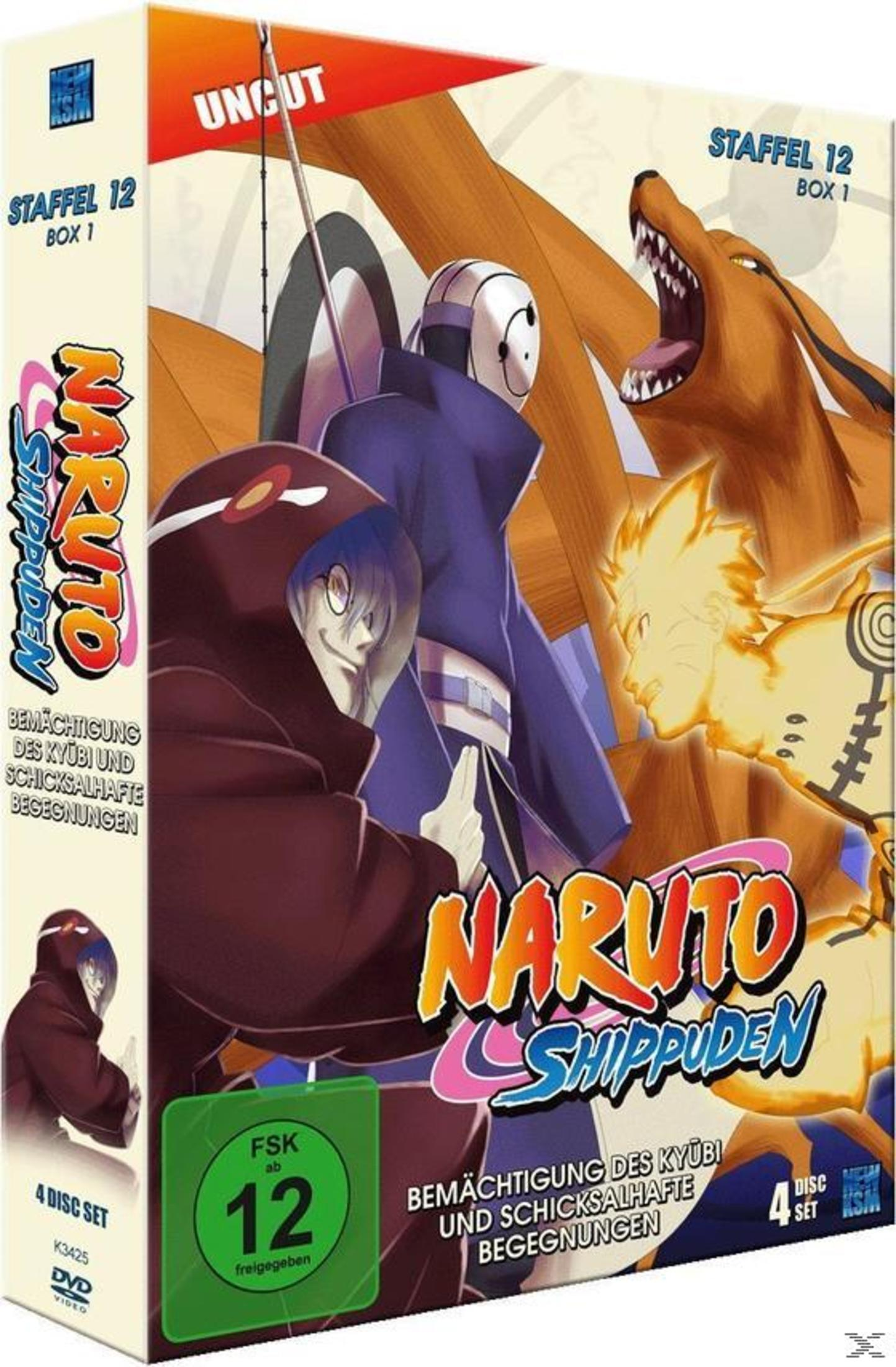Copertina DVD: Naruto Shippuden Stagione 12, Box 1, UNCUT. Personaggi: uomo con cappuccio scuro, Naruto e volpe.