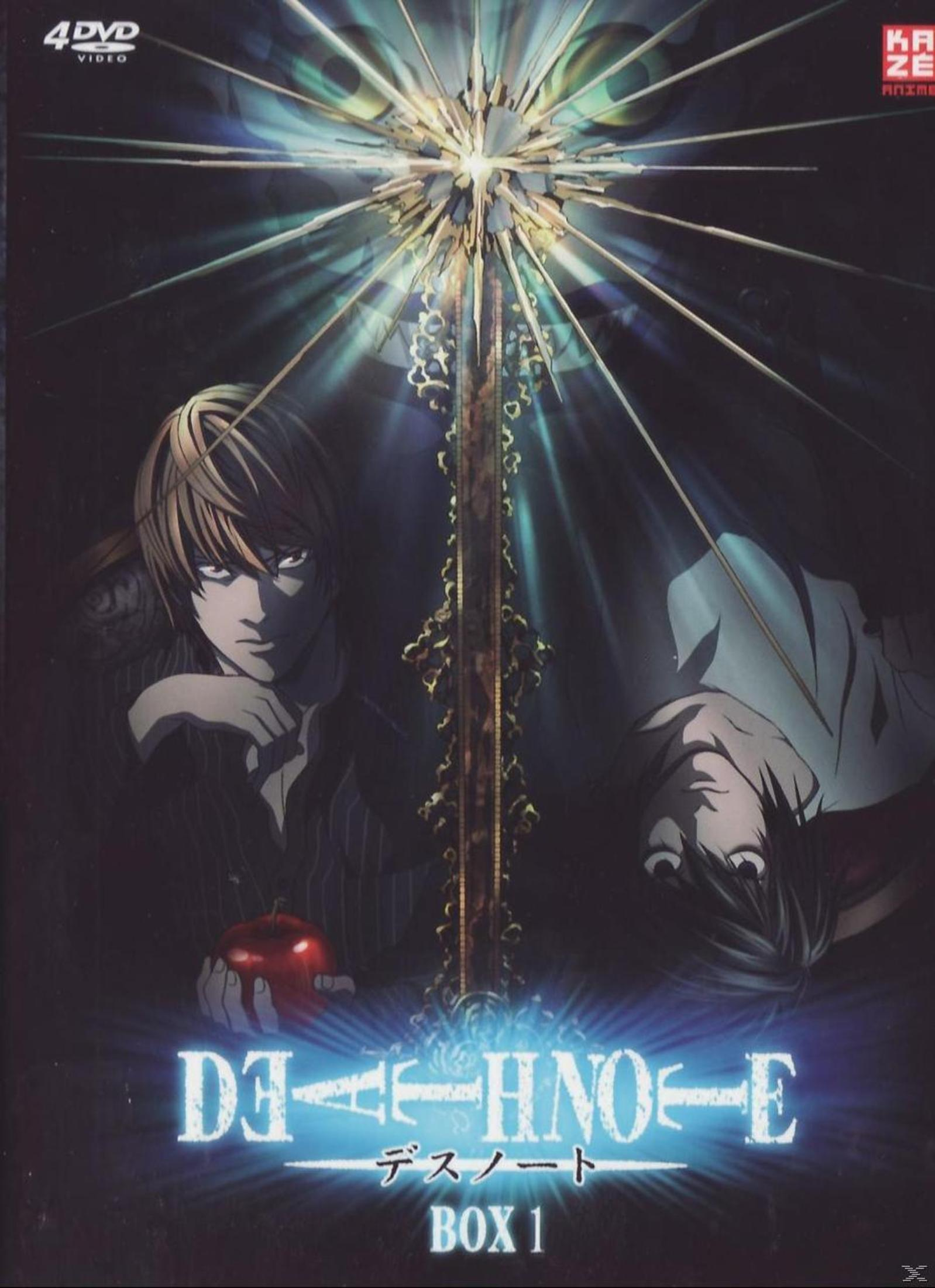 Copertina anime con due uomini, uno tiene una mela. "Death Note Box 1".