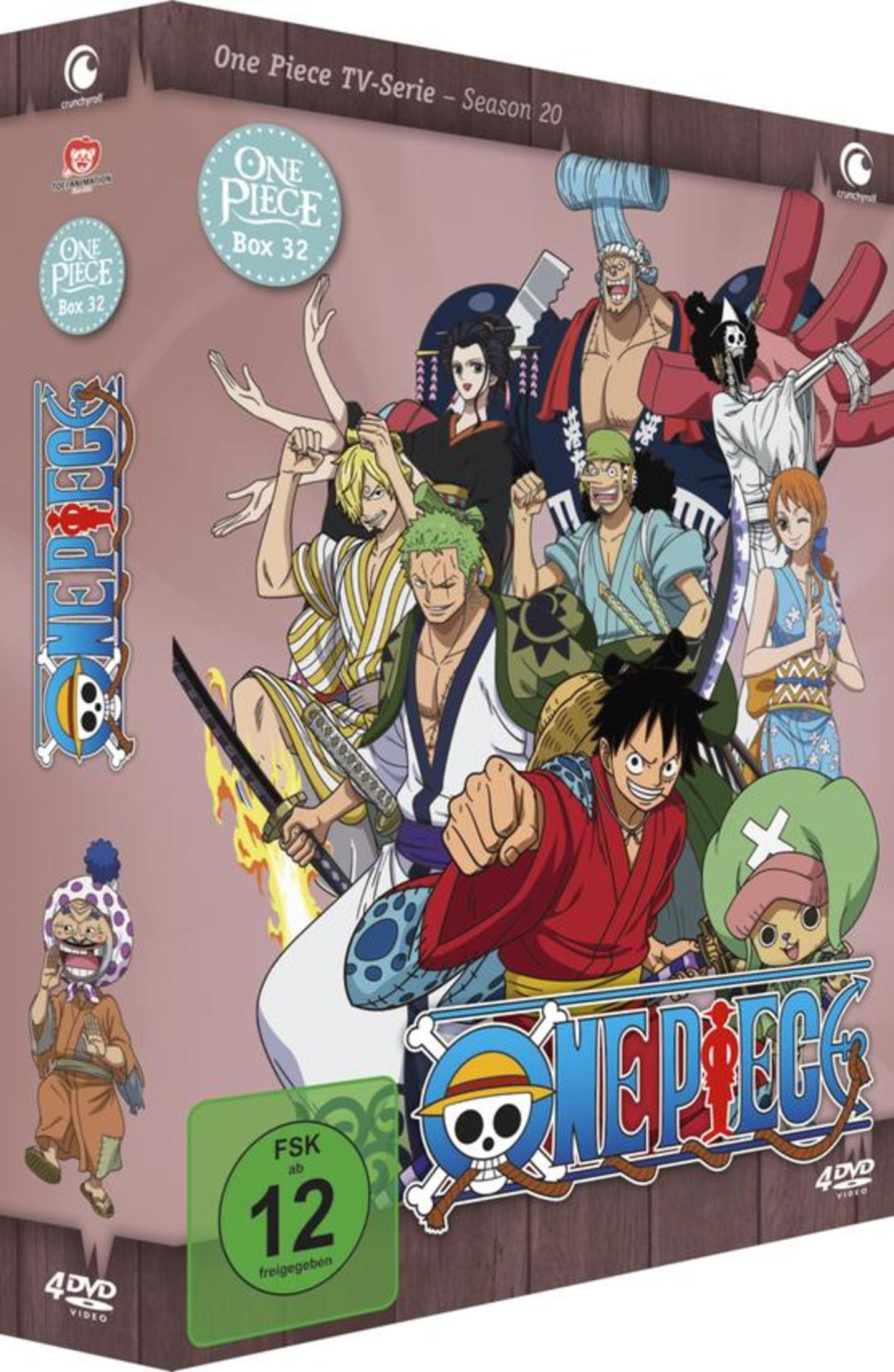 Copertina DVD One Piece Stagione 20 Box 32 con personaggi: Luffy, Zoro, Nami, Chopper e altri.