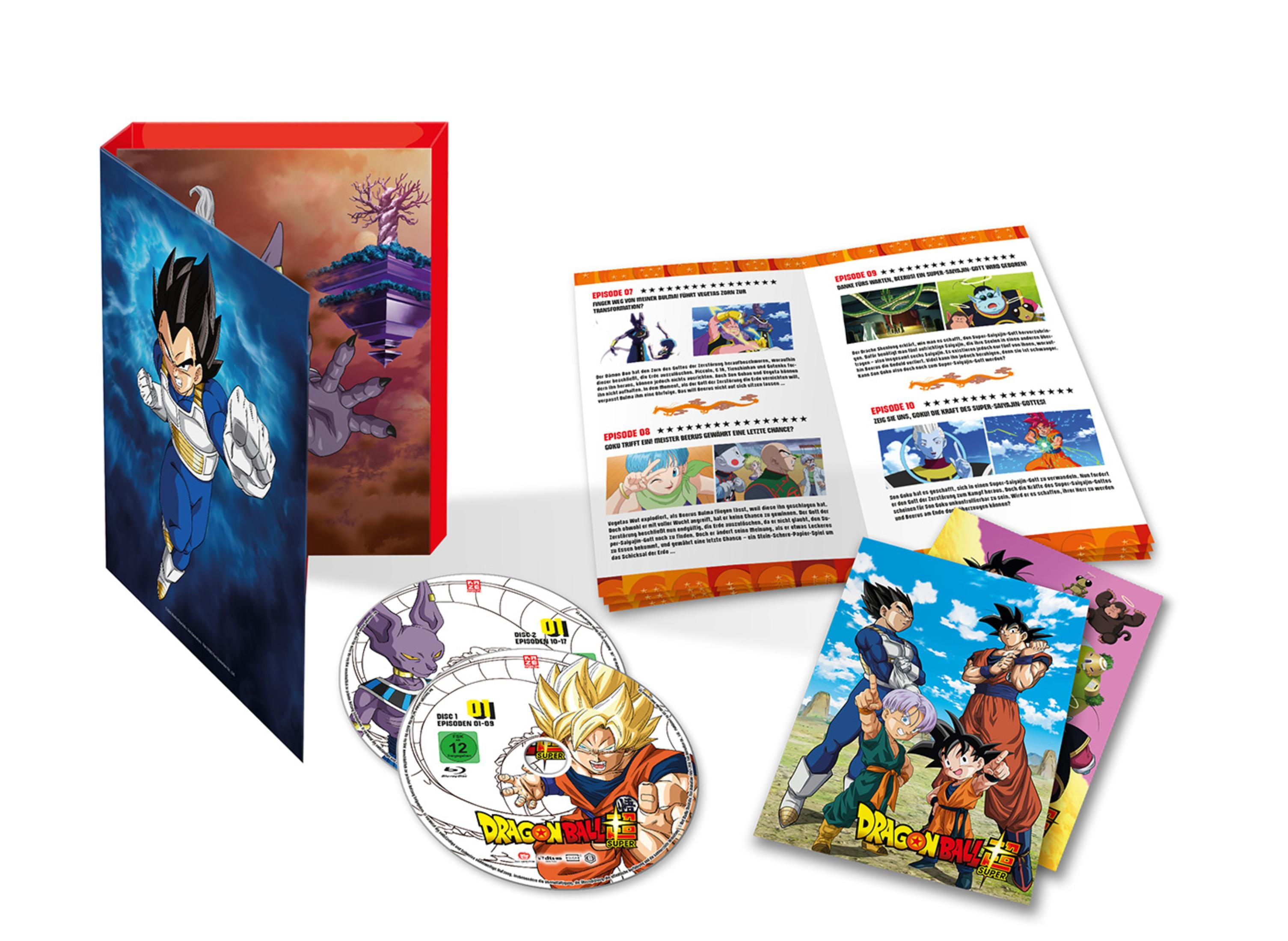 Set Blu-ray Dragon Ball Super con personaggi, dischi e riassunti episodi.