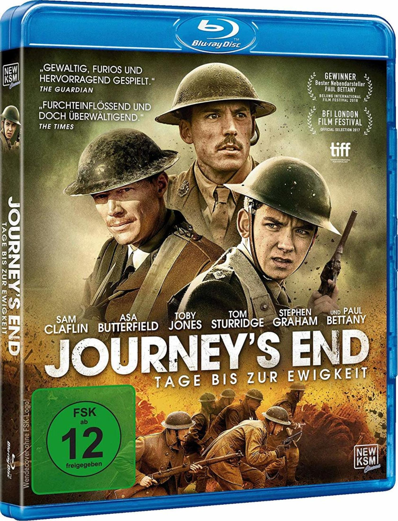 Copertina Blu-ray di 'Journey's End' con attori in uniforme e scena di battaglia.
