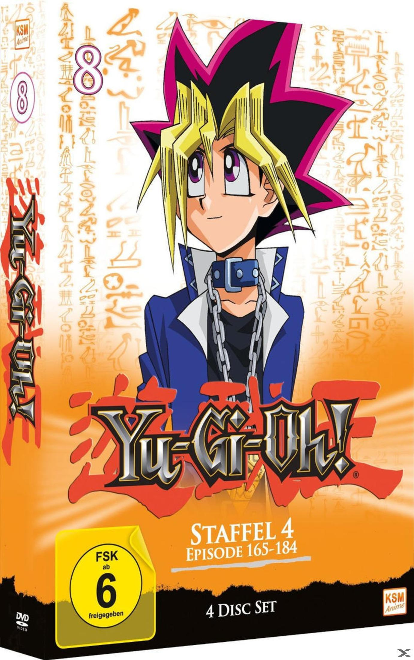 Copertina DVD Yu-Gi-Oh! Stagione 4 con Yami Yugi, rating FSK 6 e set 4 dischi.