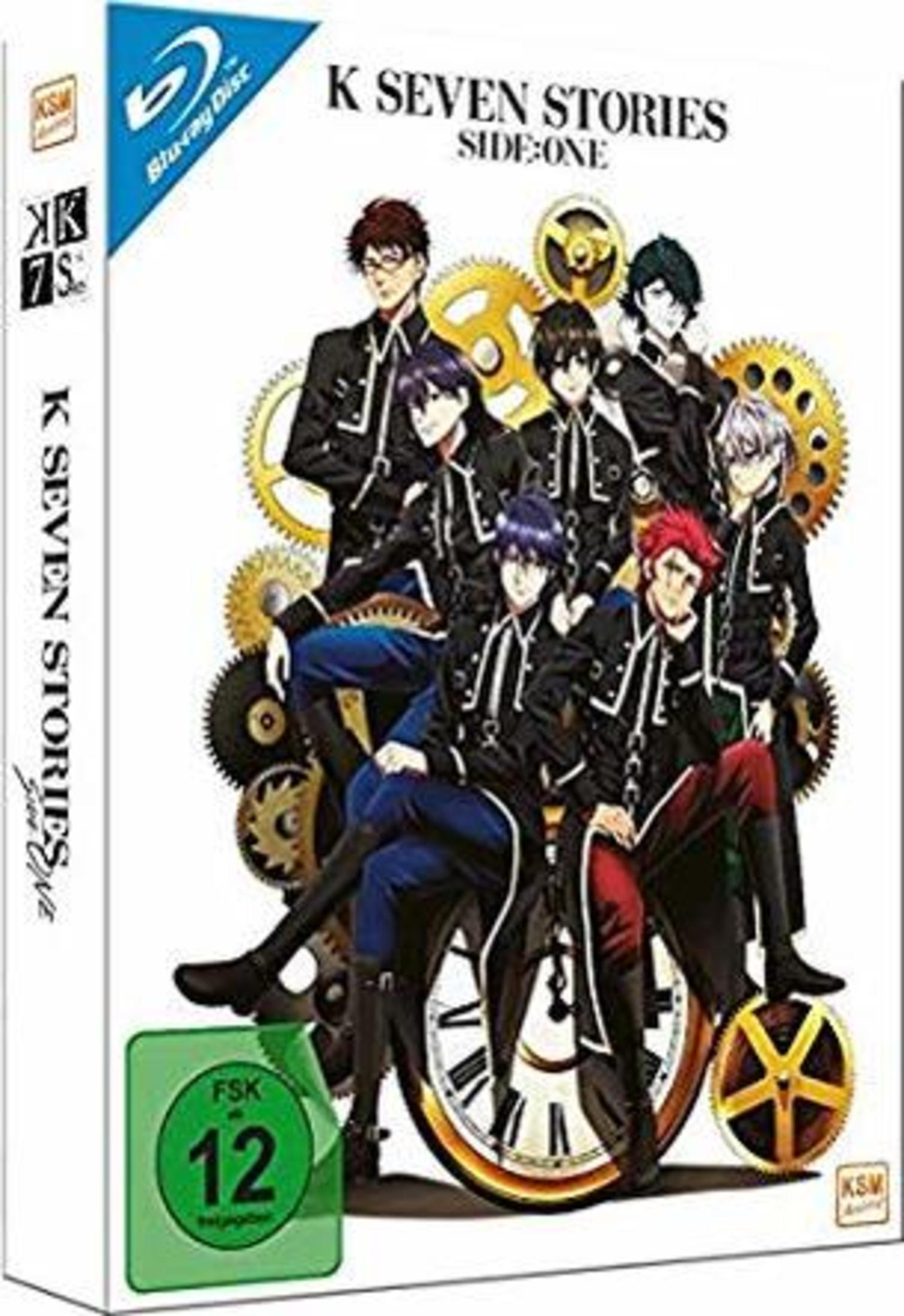Copertina Blu-ray anime K Seven Stories Side:One, con sette personaggi maschili e ingranaggi.