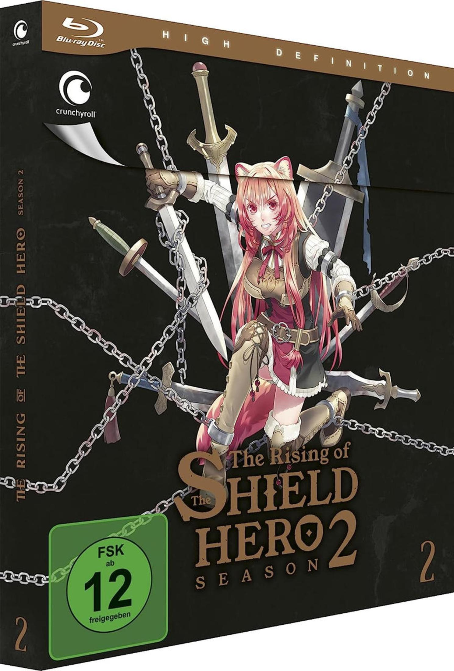 Box Blu-ray anime 'The Rising of Shield Hero' Stagione 2, con Raphtalia circondata da spade.