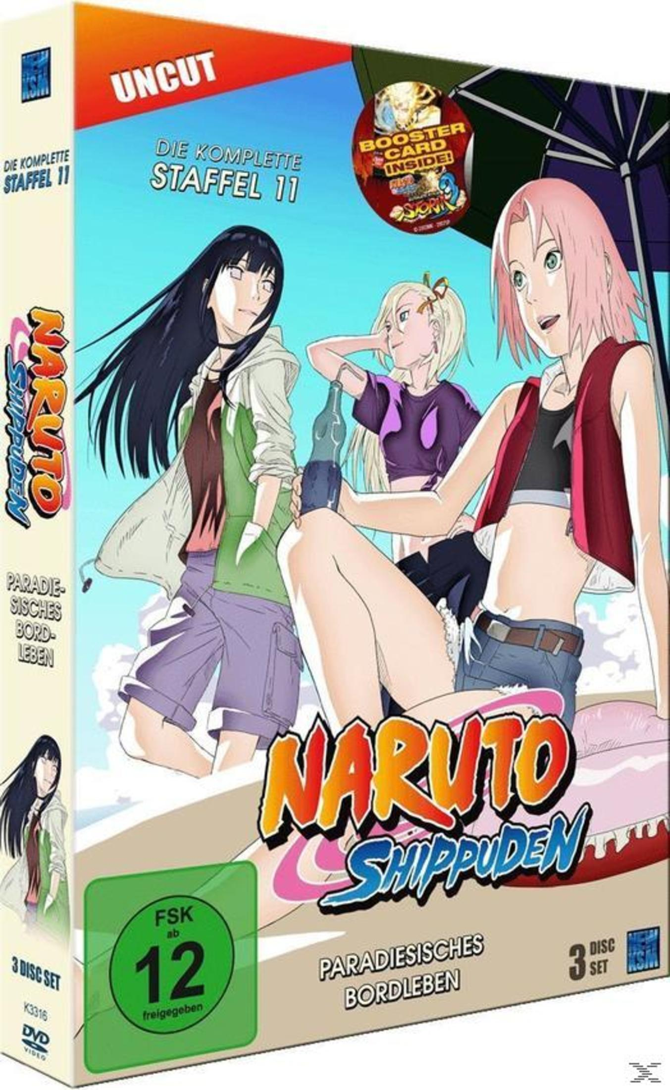 Box DVD Naruto Shippuden Stagione 11 con personaggi, bollino FSK 12 e avviso Booster Card.