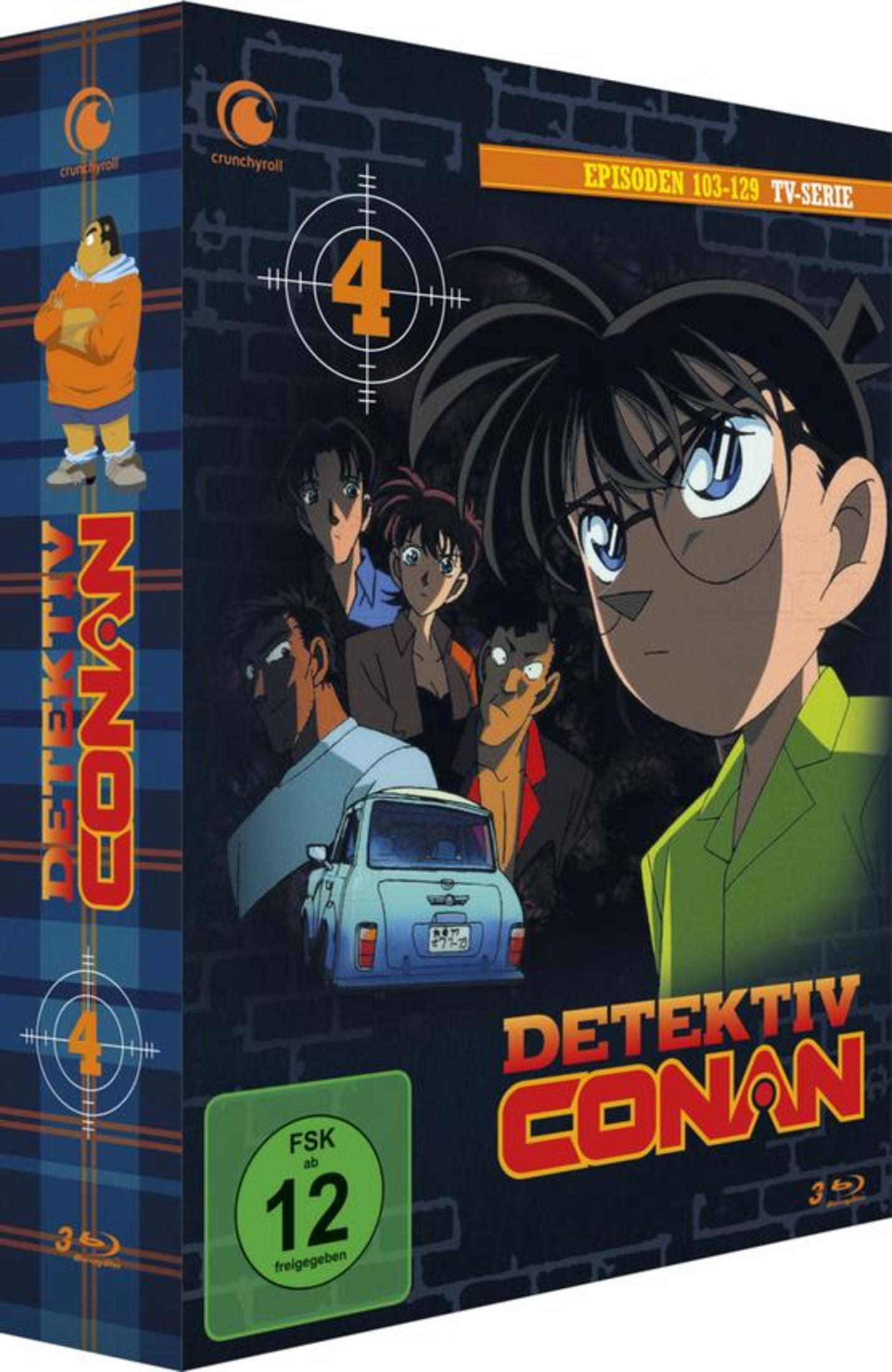 Copertina di Detective Conan Stagione 4 con personaggi e un'auto su sfondo scuro.