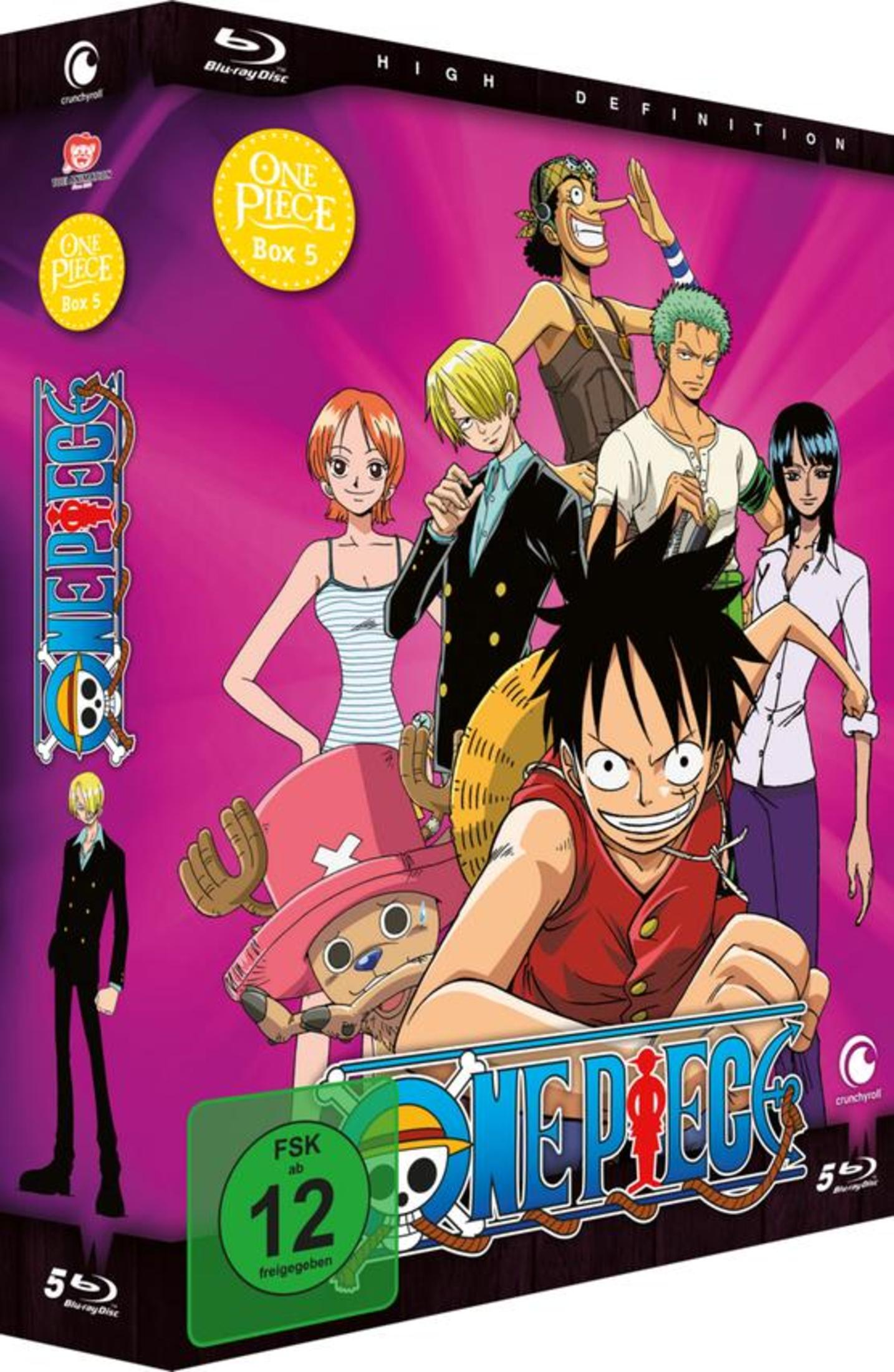 Copertina Blu-ray One Piece Box 5 con i personaggi anime Luffy, Zoro, Sanji, Nami, Usopp e Chopper.