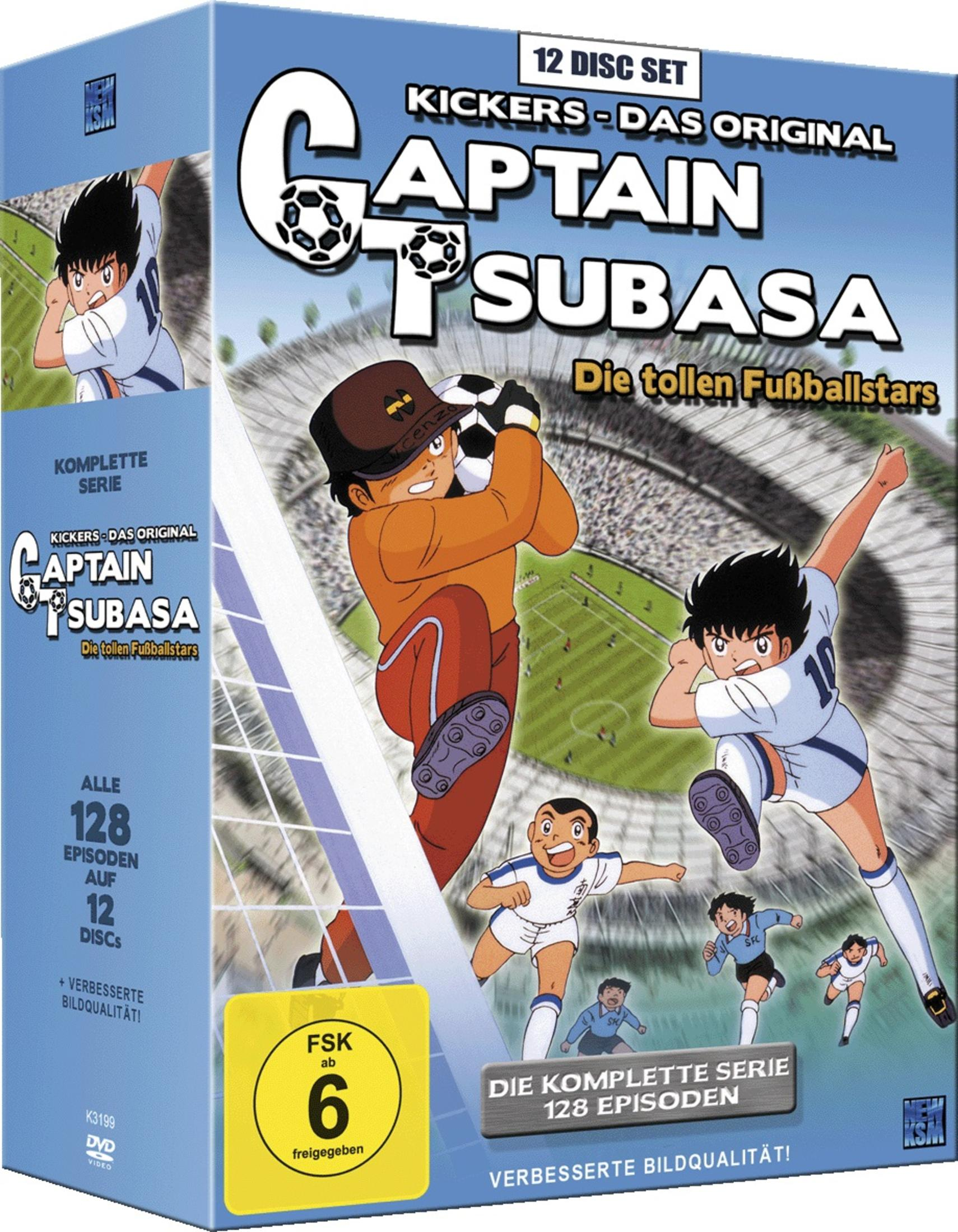 Box set DVD Captain Tsubasa con giocatori di calcio animati su sfondo stadio.