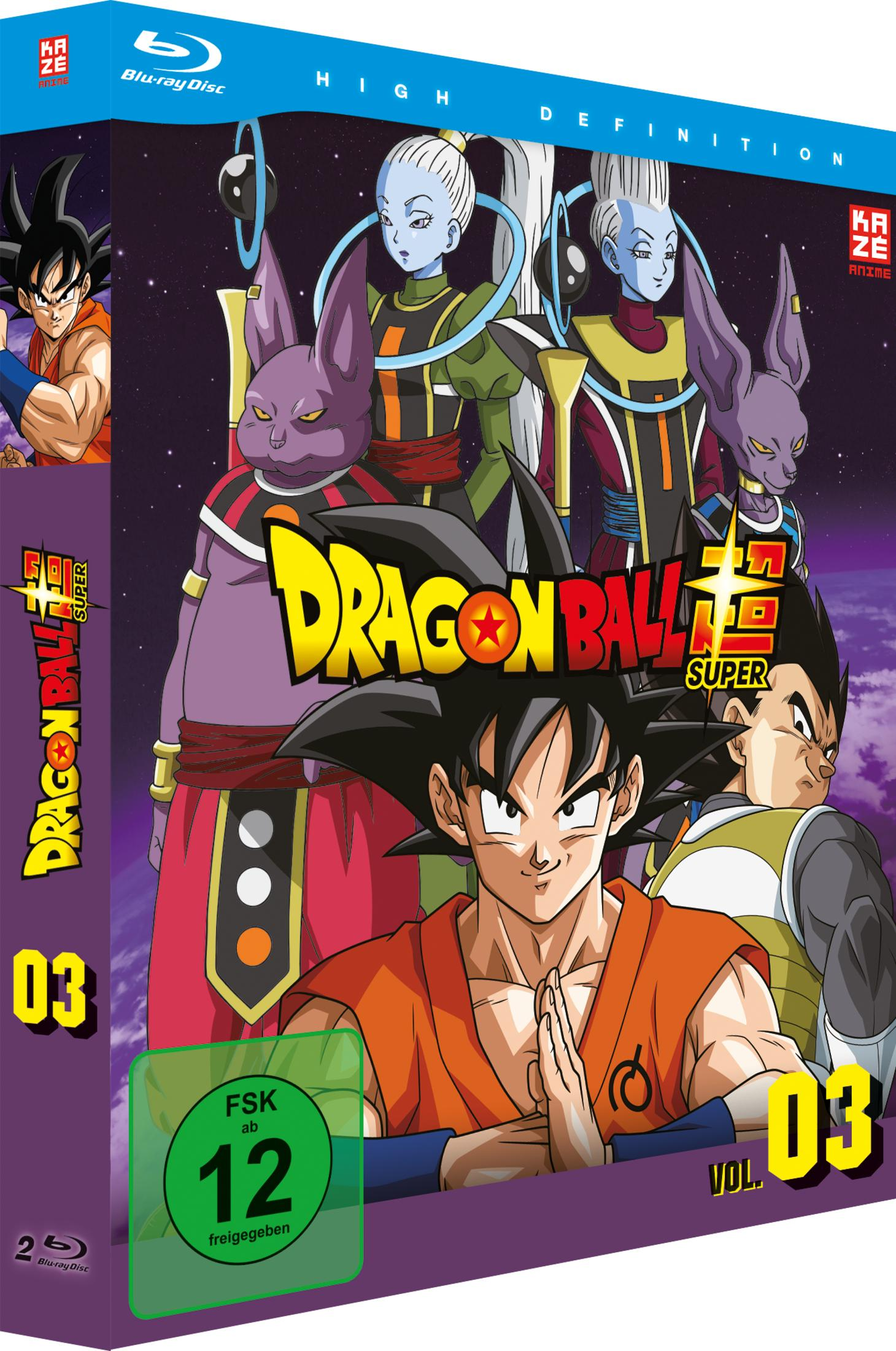 Copertina Blu-ray Dragon Ball Super Vol. 03 con Goku, Vegeta e Dei.