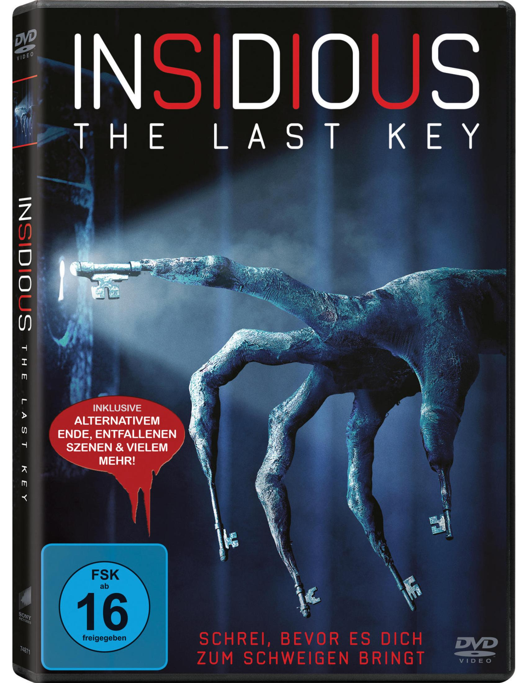 Copertina DVD per Insidious: L'ultima chiave. Una creatura con chiavi tiene una chiave grande.