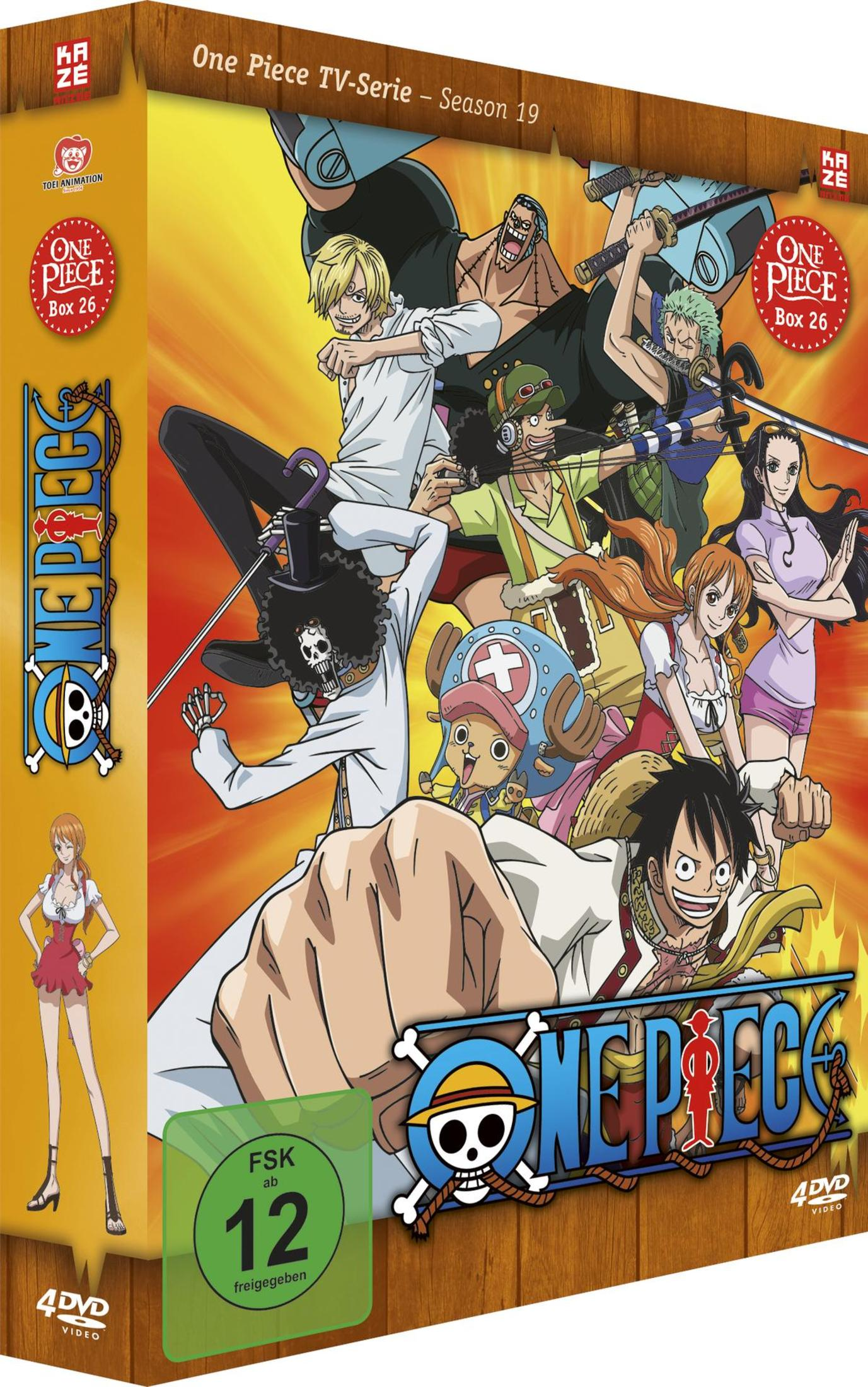 La copertina del cofanetto DVD One Piece Stagione 19 Box 26 presenta diversi personaggi anime in pose d'azione.