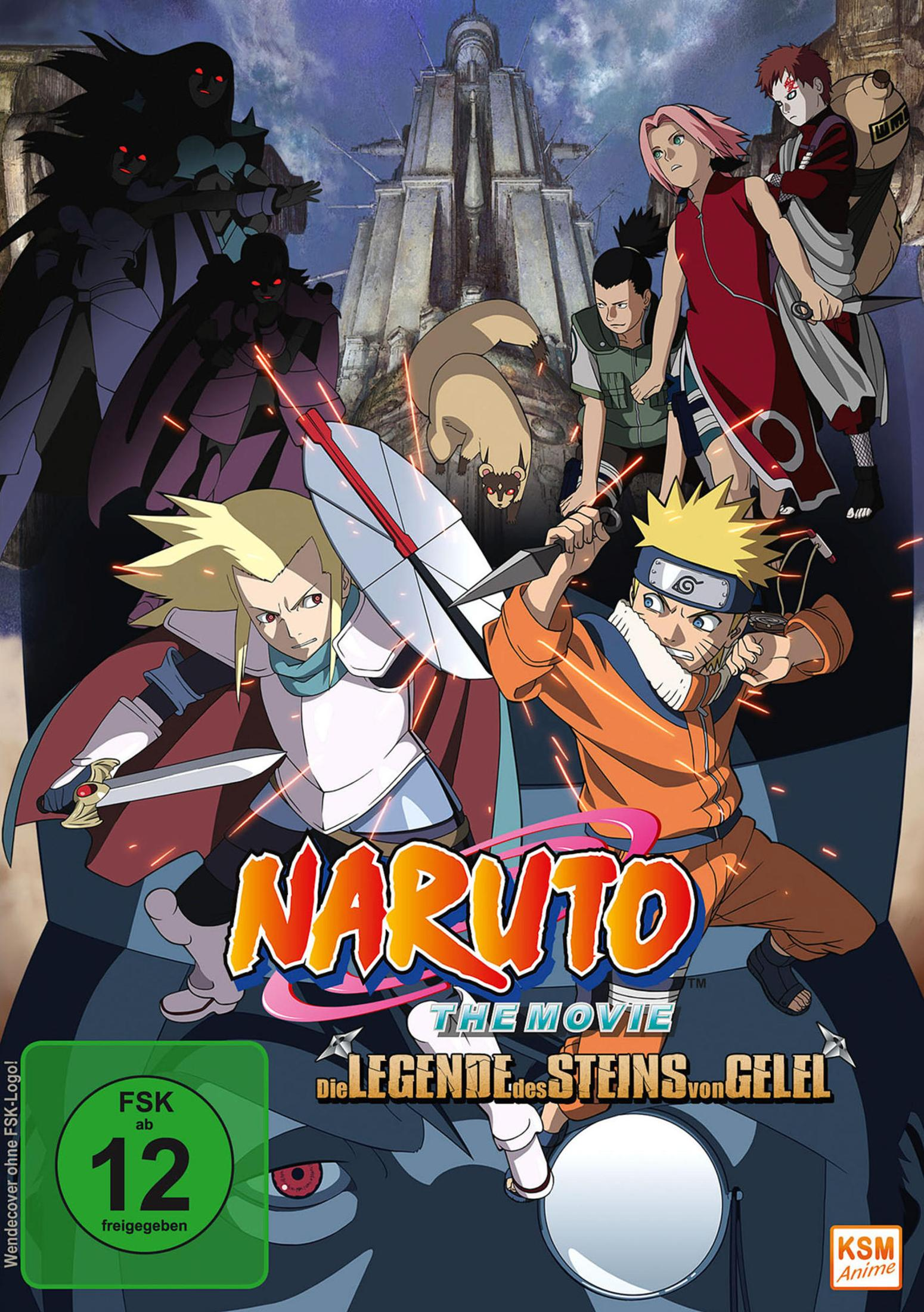 Personaggi di Naruto davanti a una struttura alta, Naruto con shuriken, logo FSK 12.