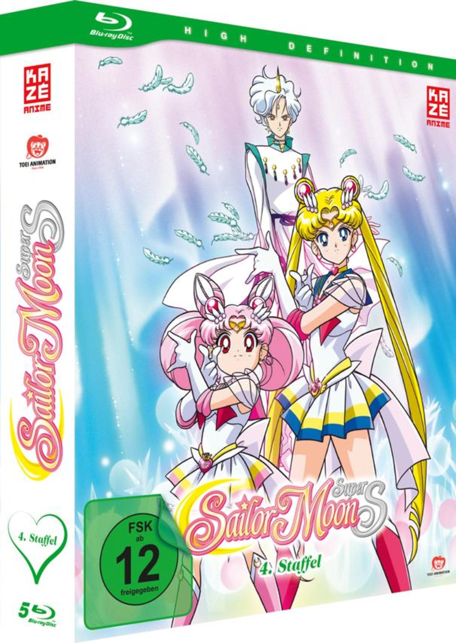 Copertina Blu-ray Sailor Moon Super S con tre personaggi, piume e sigillo FSK 12.