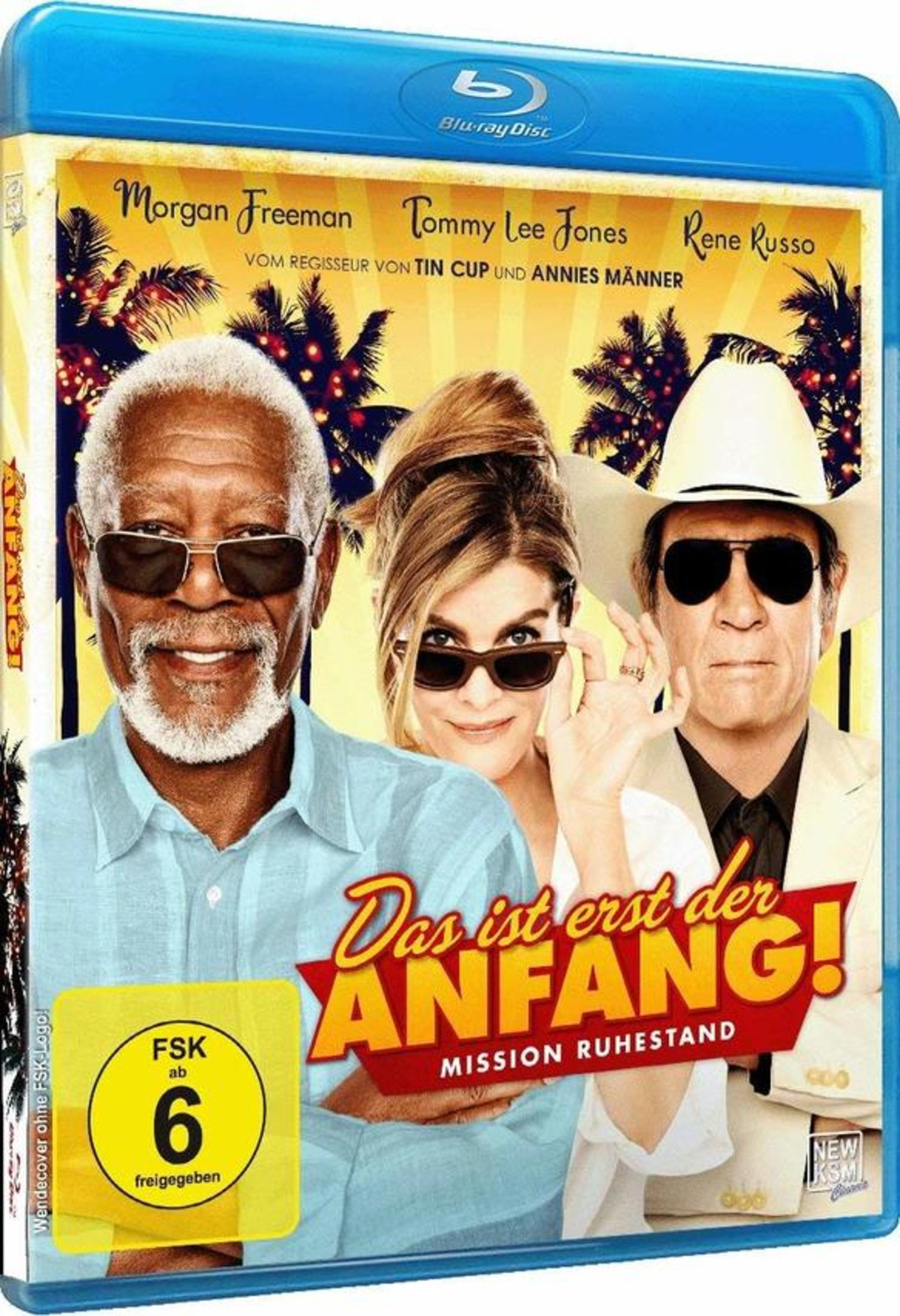 Morgan Freeman, Tommy Lee Jones, Rene Russo su copertina Blu-ray con palme e titolo ANFANG!