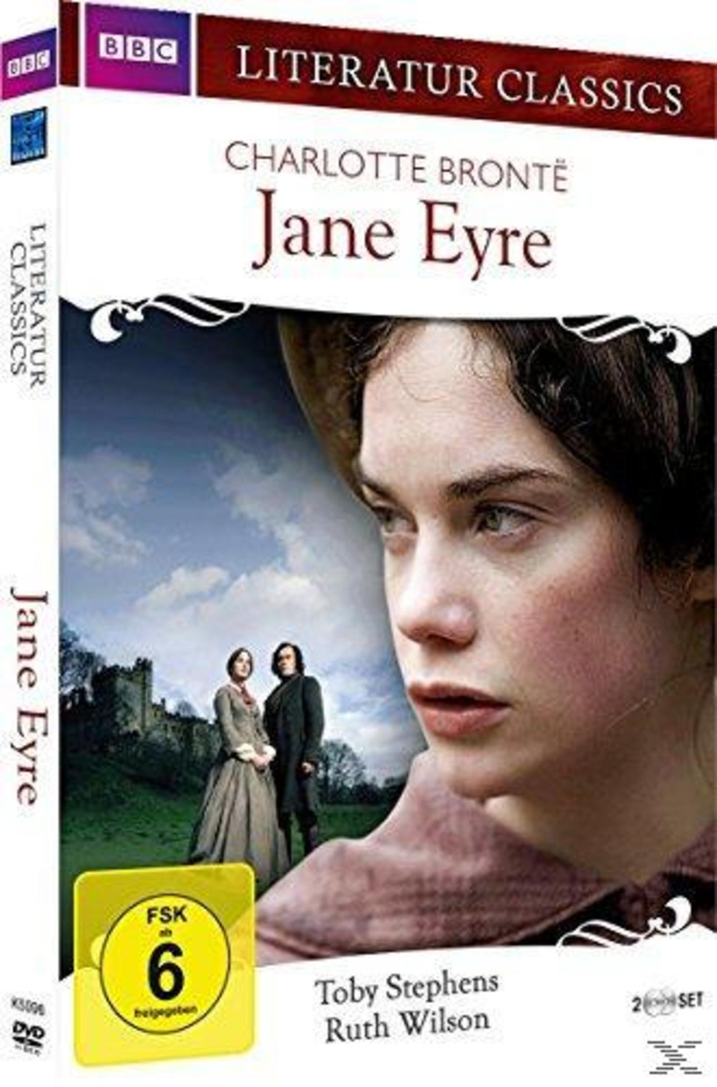 Copertina DVD: Jane Eyre di Charlotte Brontë, con attori e un castello.