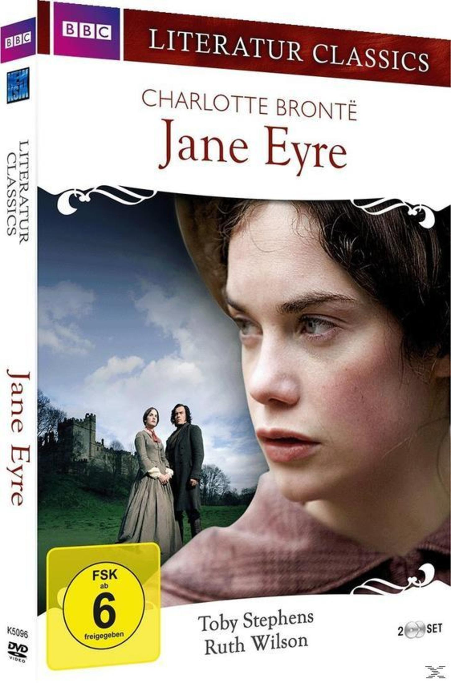 Copertina DVD Jane Eyre: Primo piano volto donna, due figure davanti castello, e classificazione FSK.