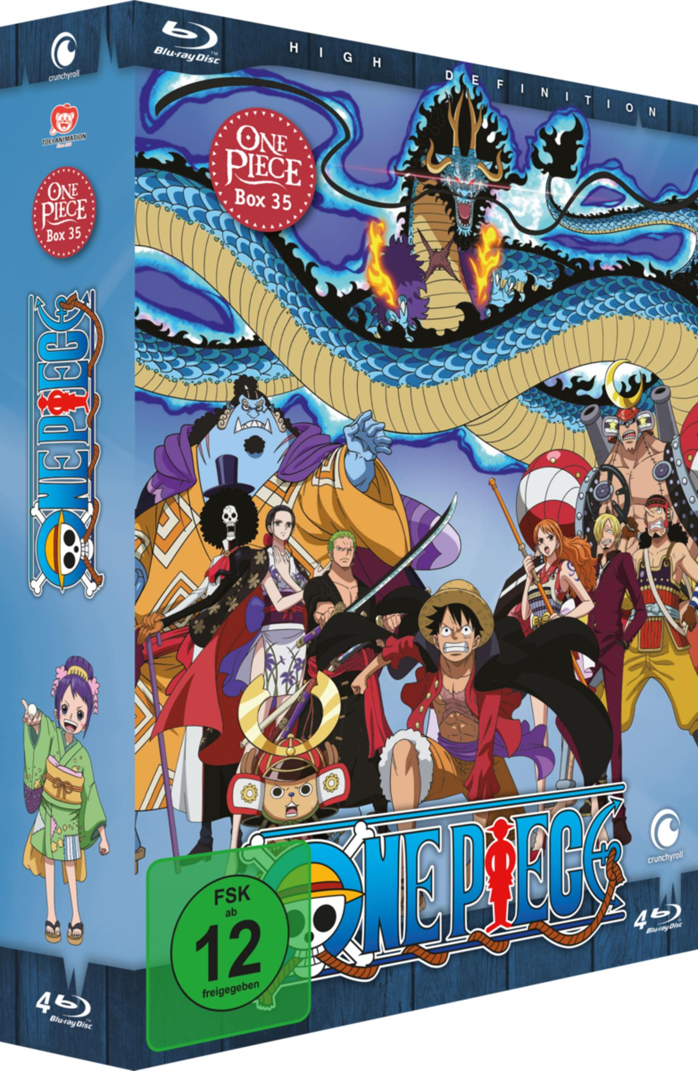 Anime-Box "One Piece Box 35" mit Charakteren und einem blauen Drachen.