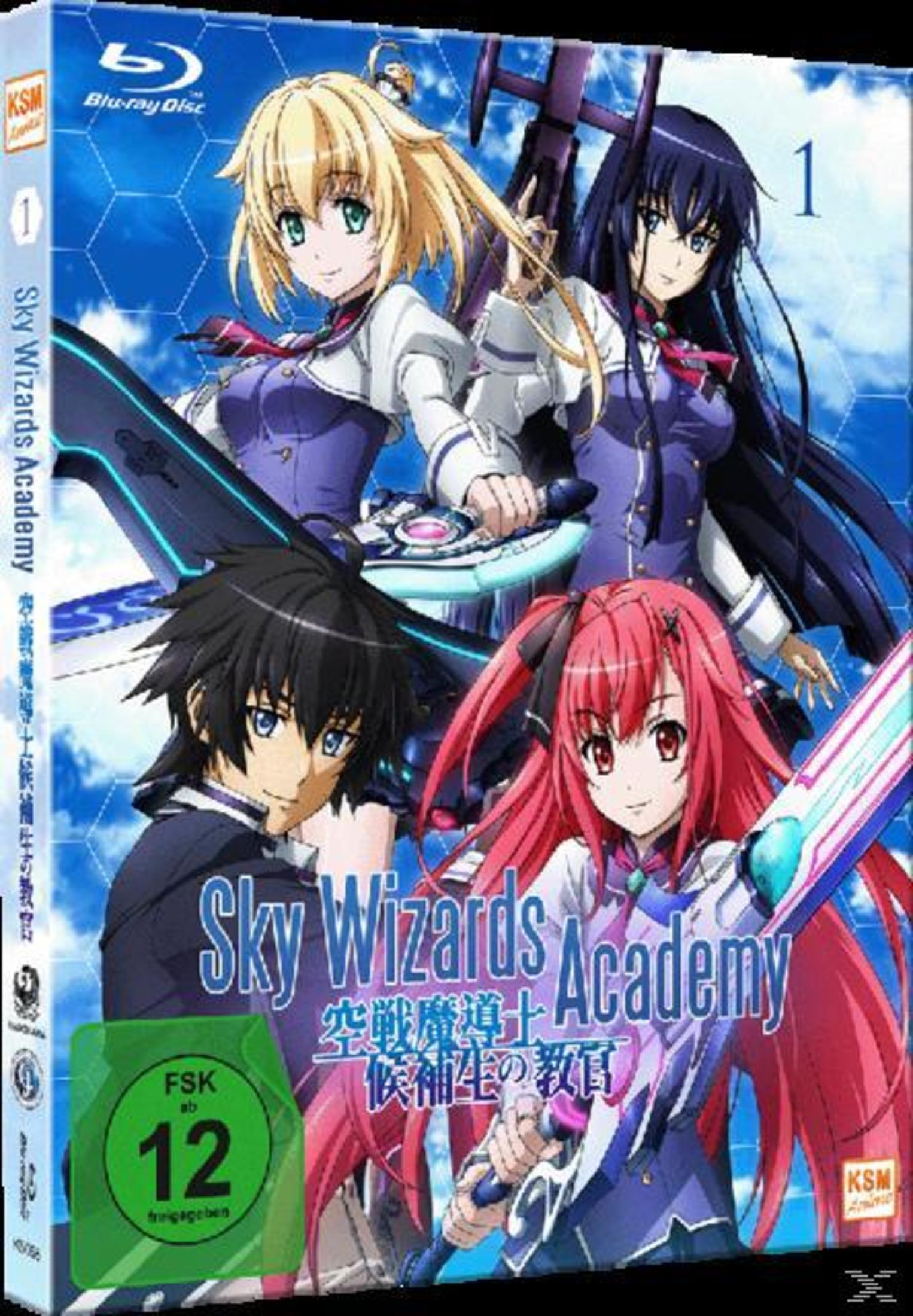 Copertina Blu-ray anime con quattro personaggi e il titolo 'Sky Wizards Academy'.