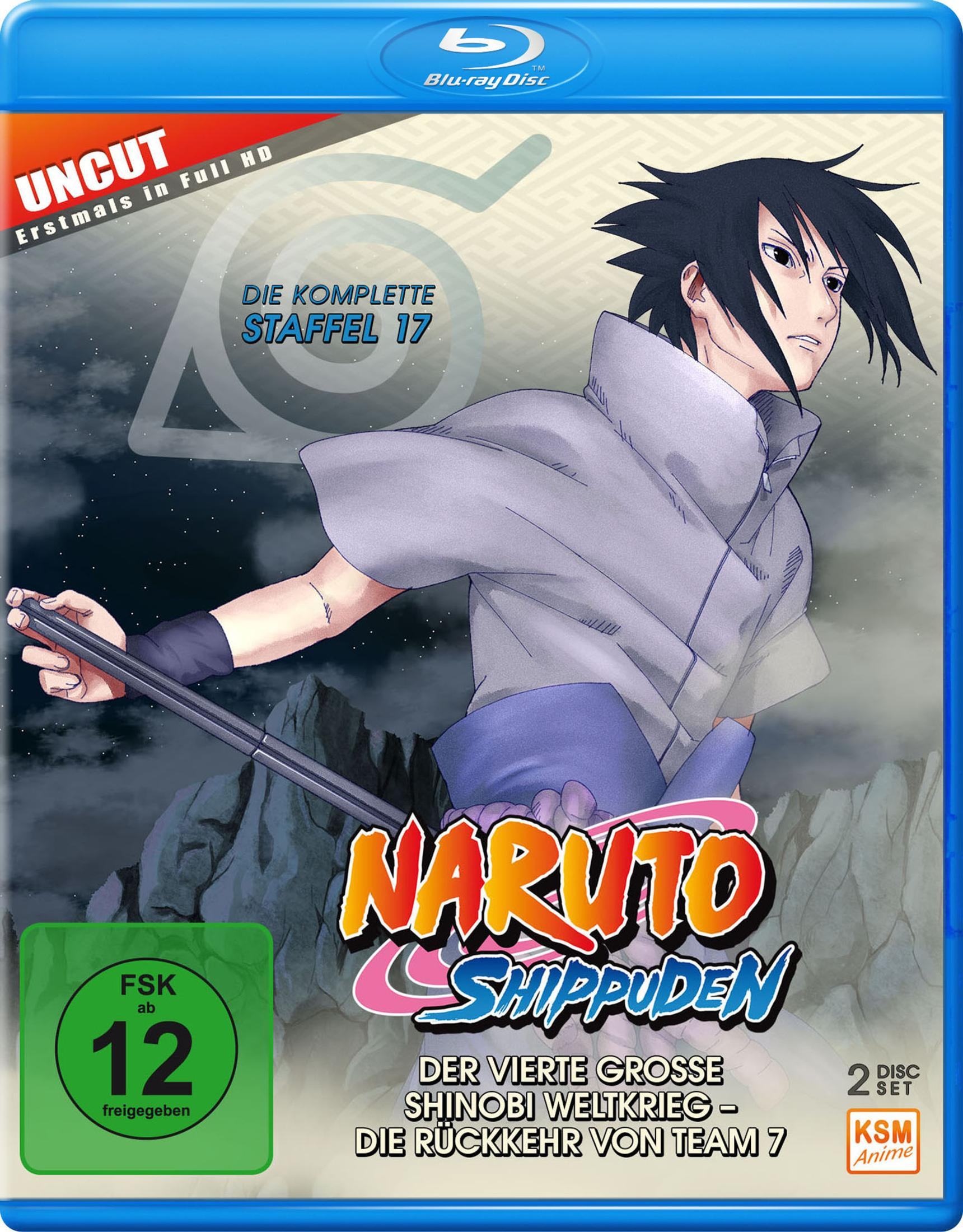 Copertina Blu-ray Naruto Shippuden Stagione 17 con Sasuke che tiene una spada e sigillo FSK 12.