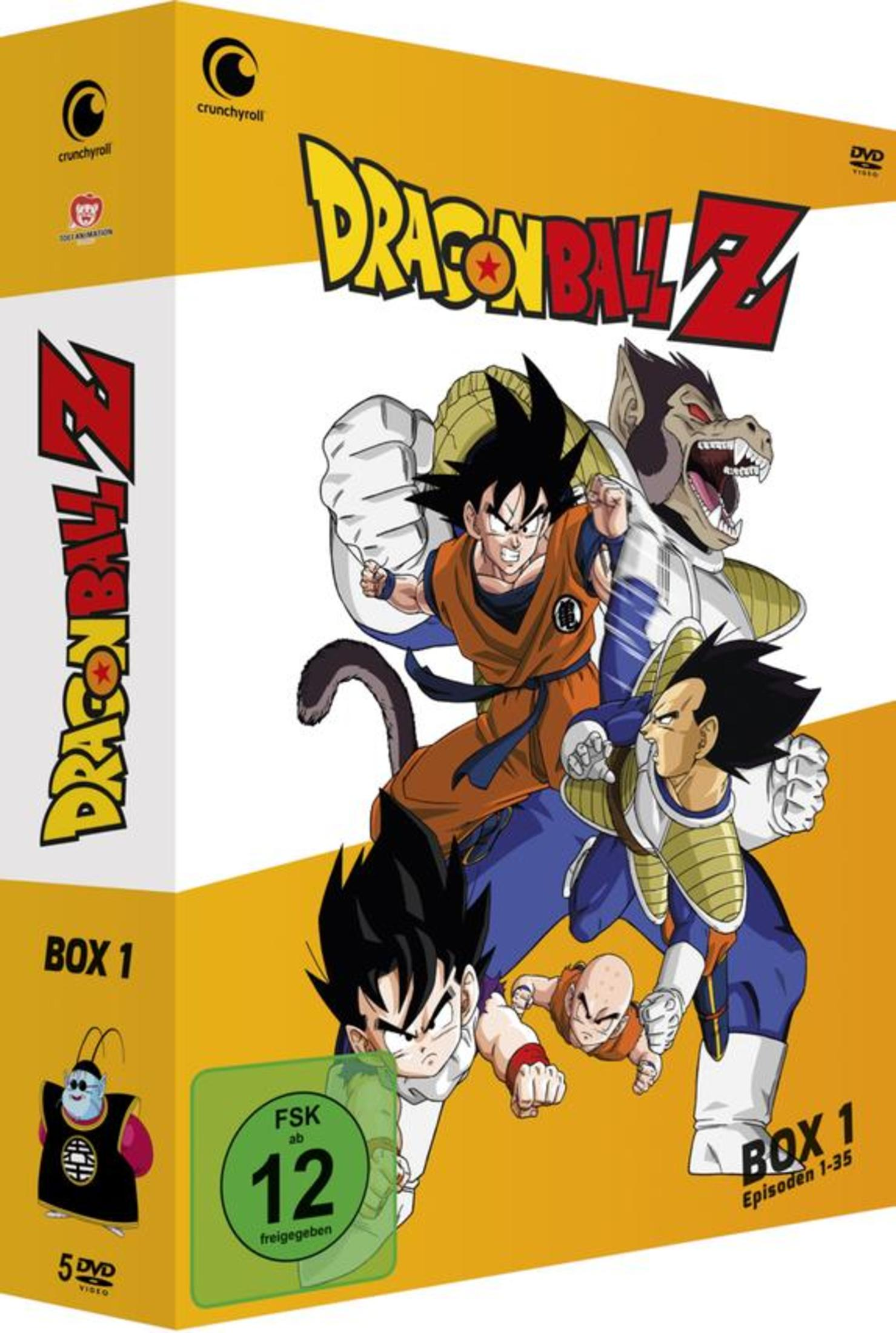 Dragon Ball Z Box 1 DVD-Cover mit Goku, Vegeta, Krillin und einem Affenwesen.