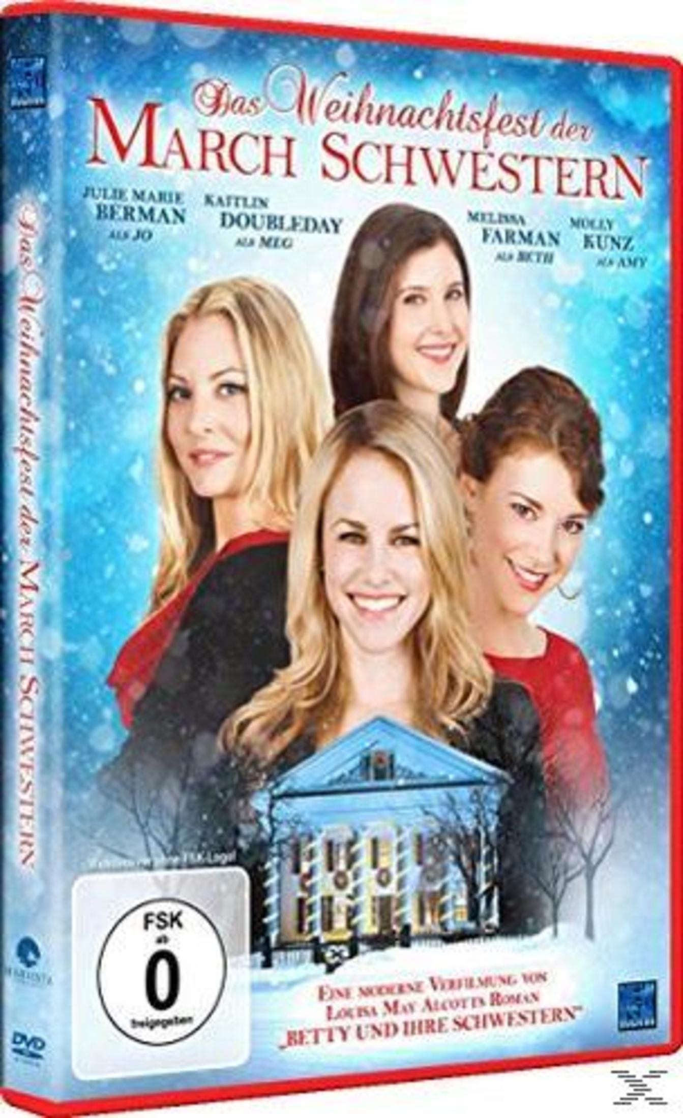 Quattro donne sorridono davanti a una casa innevata. Il titolo del film è 'Il Natale delle Sorelle March'.