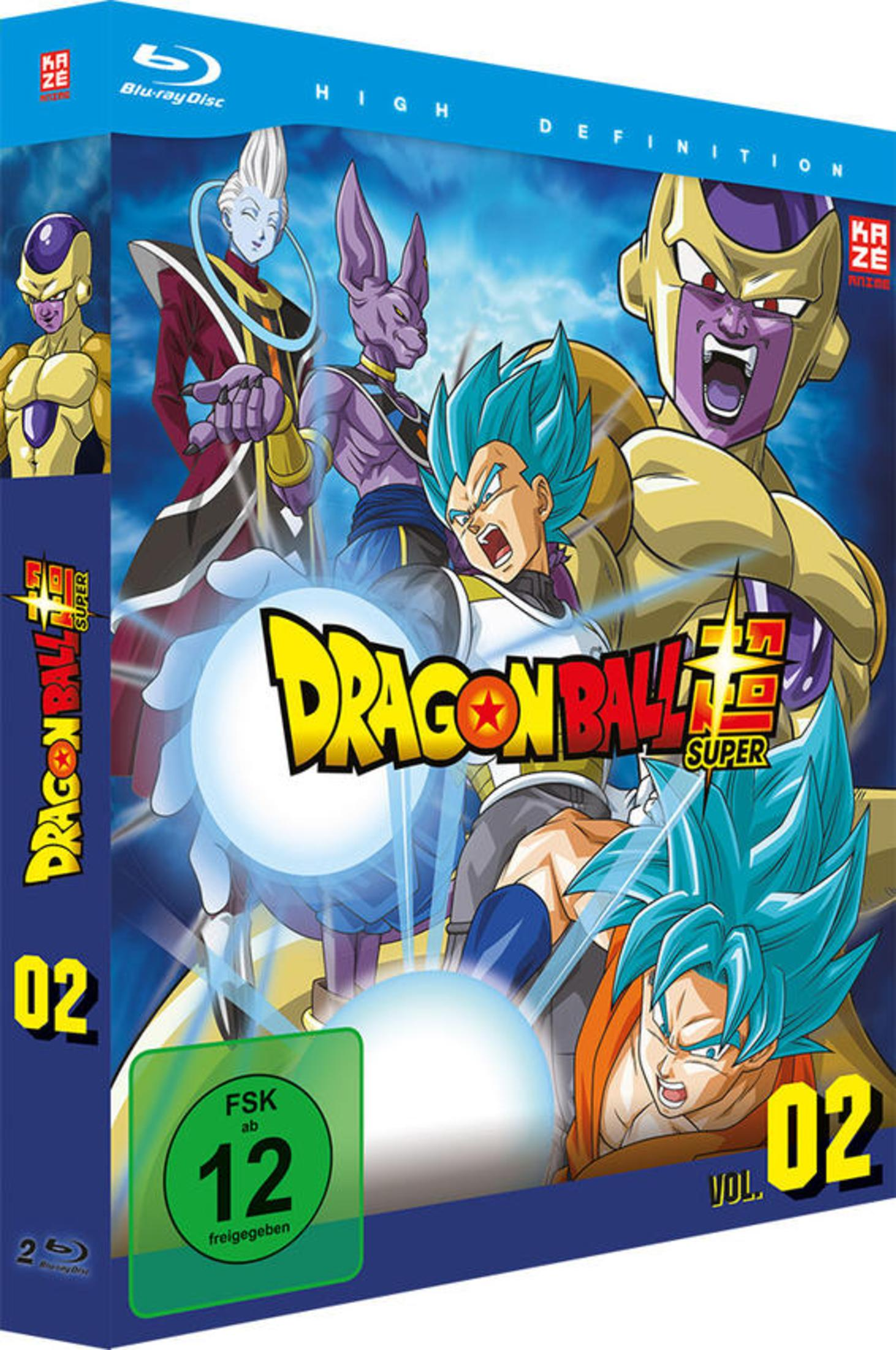 Copertina Blu-ray di Dragon Ball Super. Personaggi Goku, Vegeta, Beerus, Whis e Frieza. Volume 02.