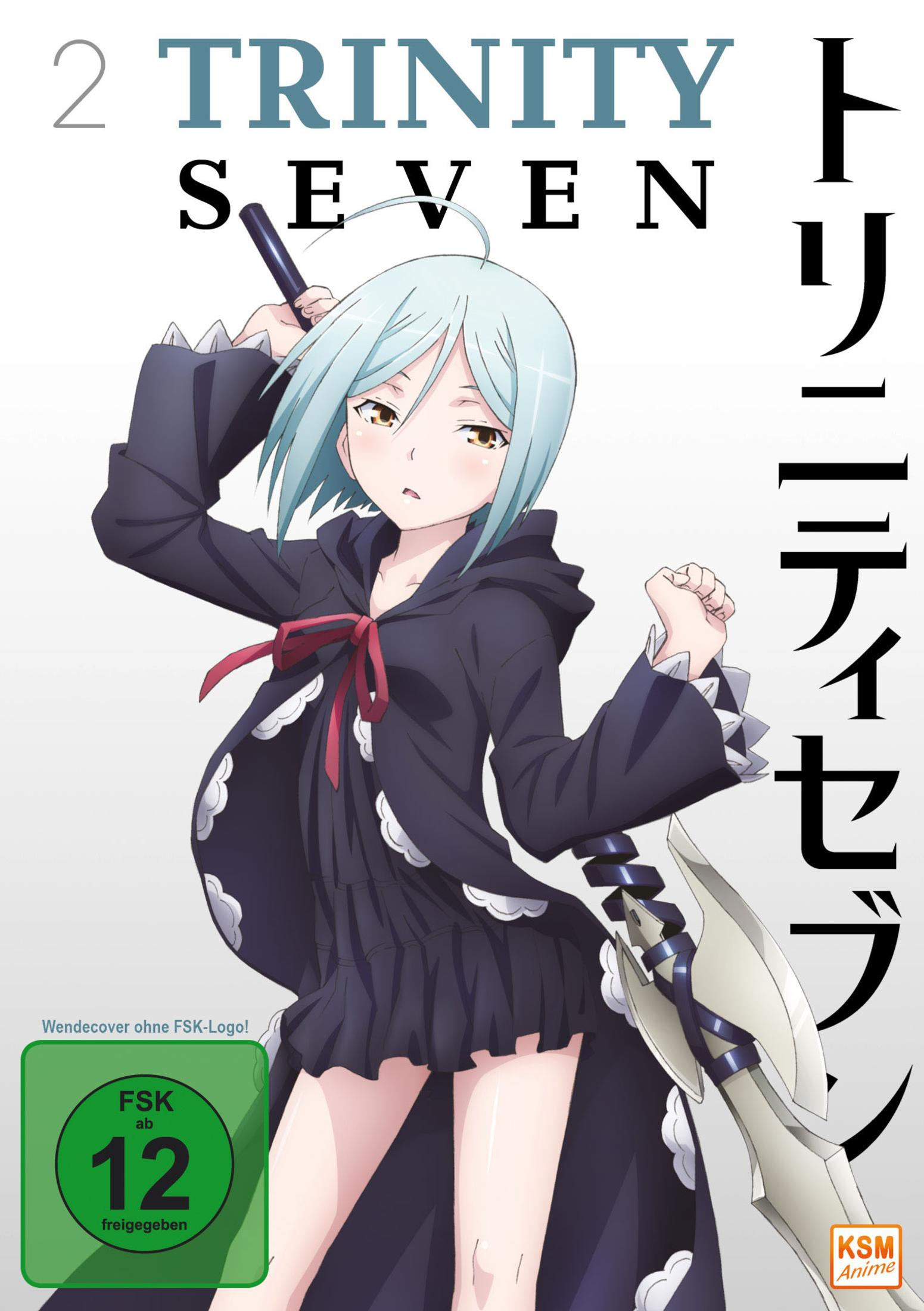 Ragazza anime con capelli blu, mantello nero, fiocco rosso, tiene bastone e spada. Testo: Trinity Seven.