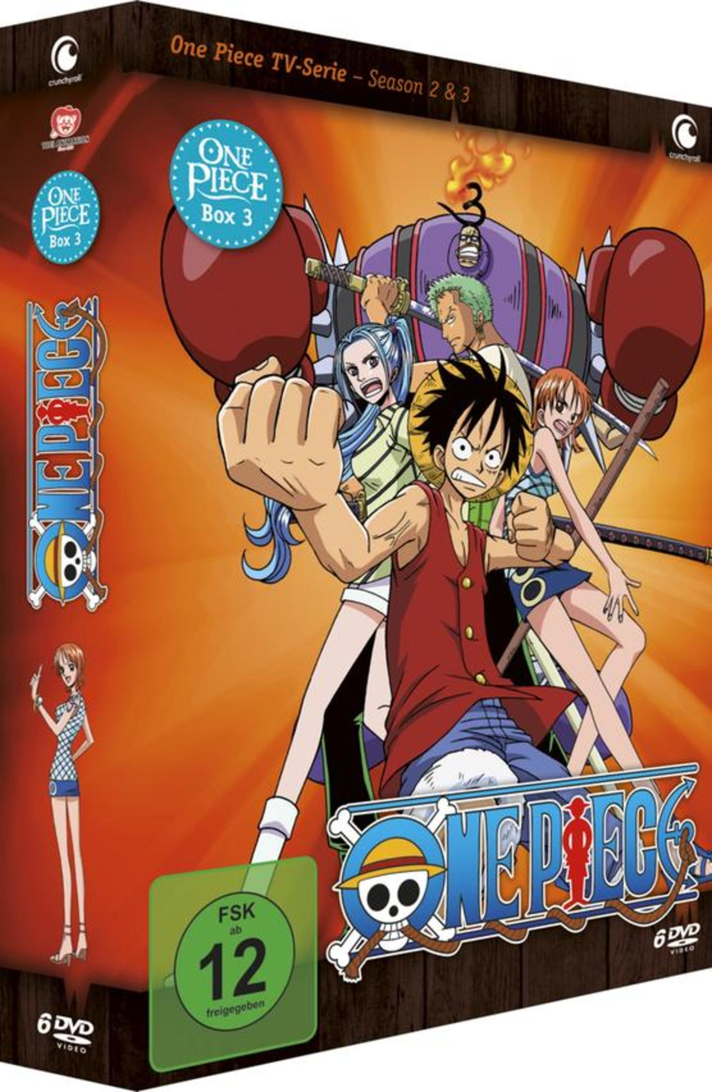 Box 3 DVD One Piece mostra personaggi, sigillo FSK 12 e titolo.