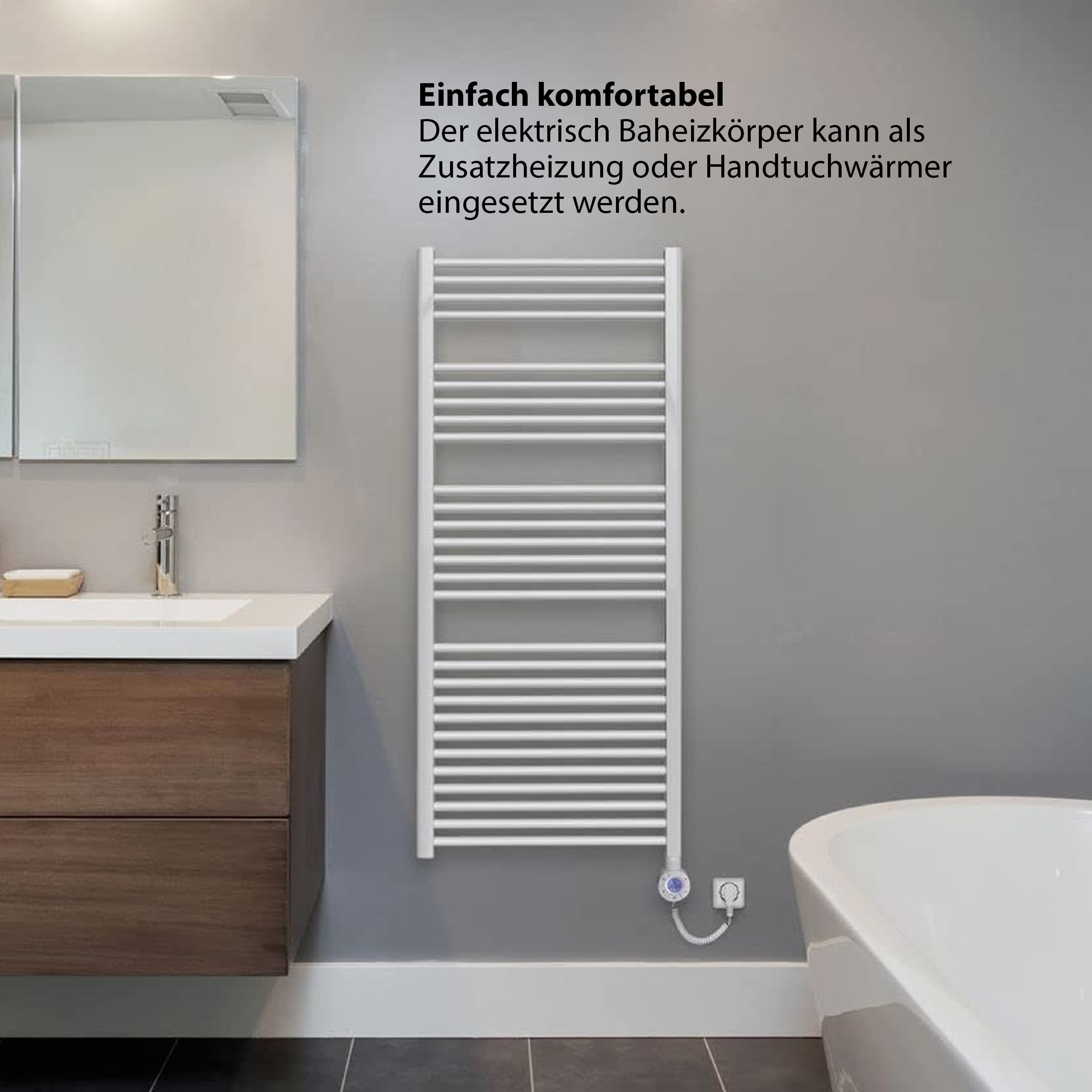 Ein weißer Handtuchwärmer mit vielen Stangen hängt an einer grauen Wand.