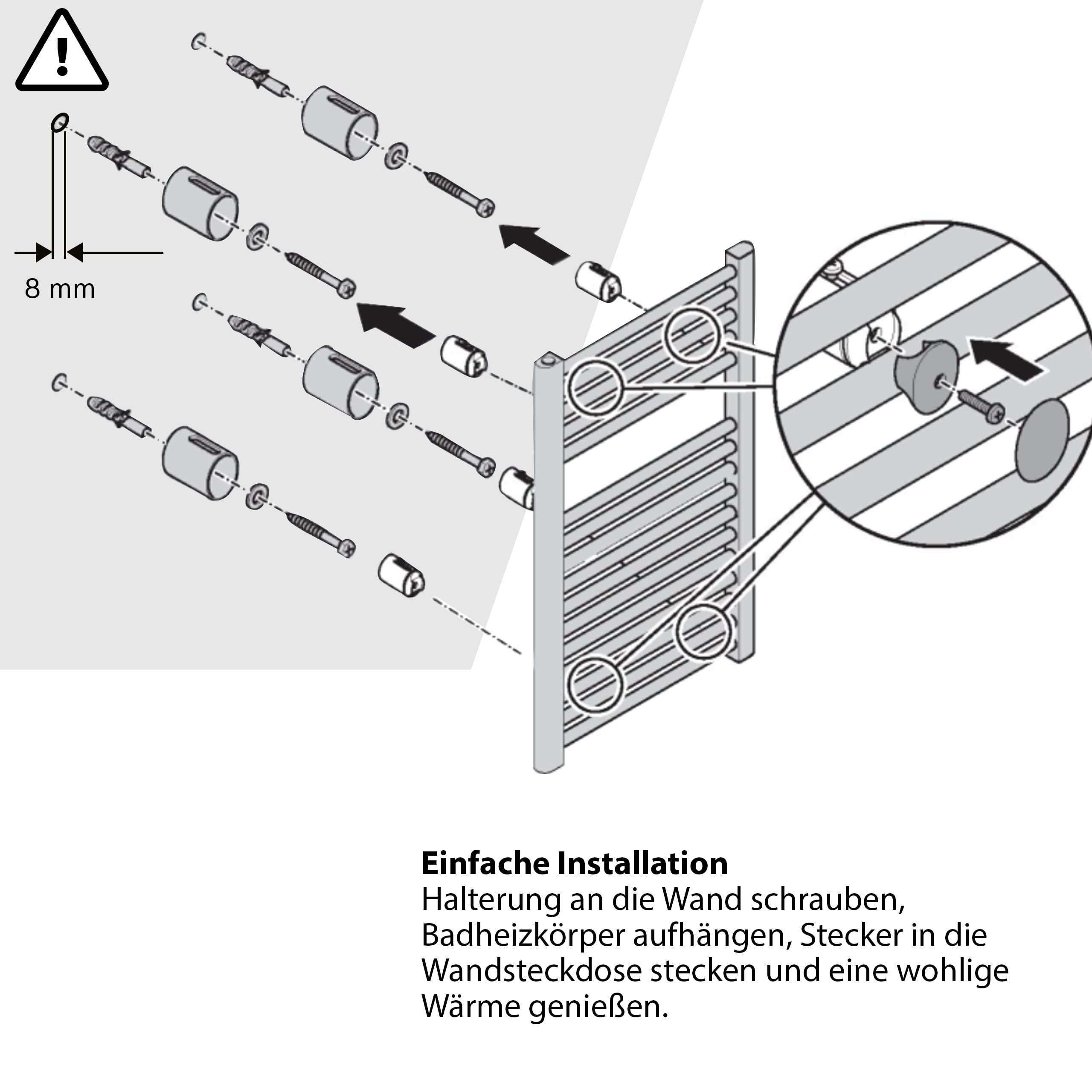Diagramm zeigt Installation eines Handtuchheizkörpers mit Schrauben, Dübeln und Halterungen.